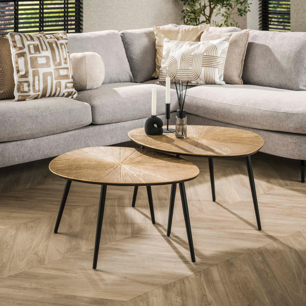 COUCHTISCH-SET SILVIO RAGGIO Organische Satztische mit Strahlenmuster in Antikgold - Goldfarben, Holz (56/71/40cm) - alesvelt