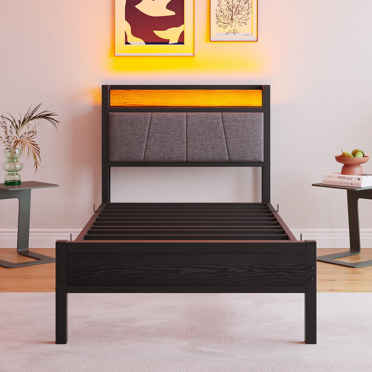 METALLBETT 90x200 cm LED USB Stauraum - Schwarz, Holzwerkstoff (90/200cm) - LEBENLANG