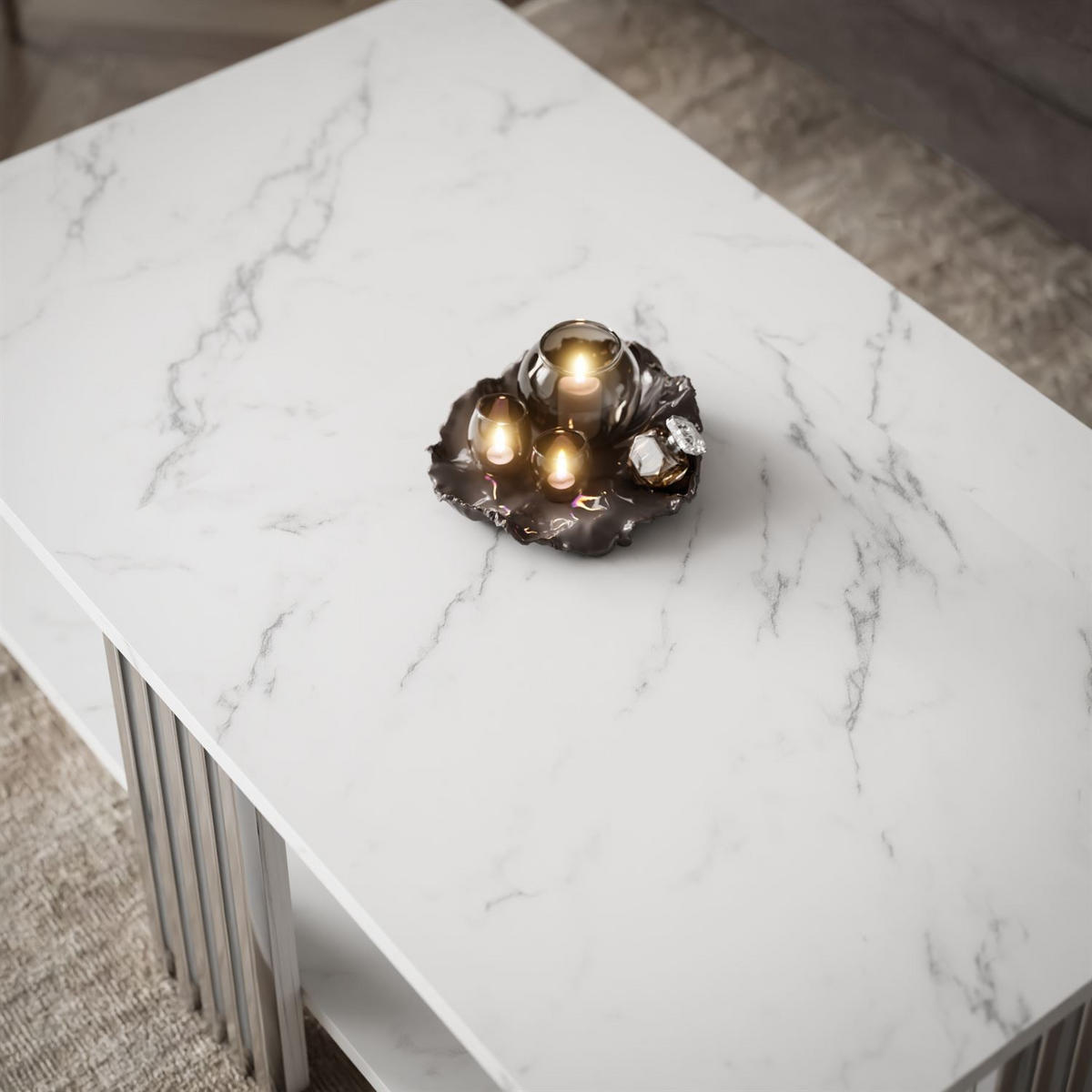 COUCHTISCH SAPHIRA SILVER mit Ablageboden, Weißer Marmor - Weiß, Holzwerkstoff (60/100/40cm) - Lookway