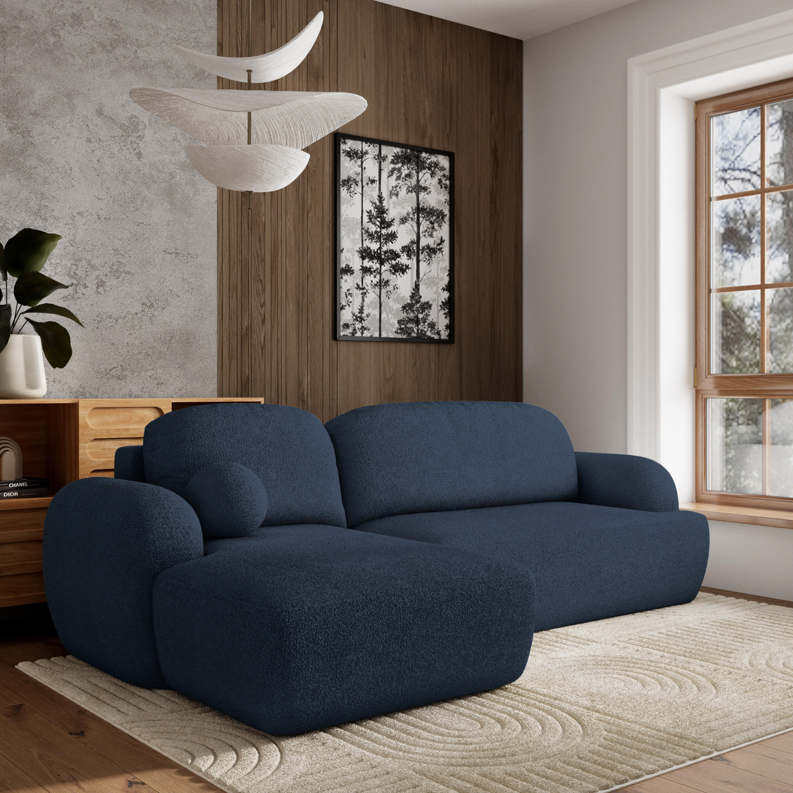 ECKSOFA MODENZA N L-S Blau Boucle-Stoff mit Schlaffunktion - Blau, Holz (266/148cm) - MASSENO
