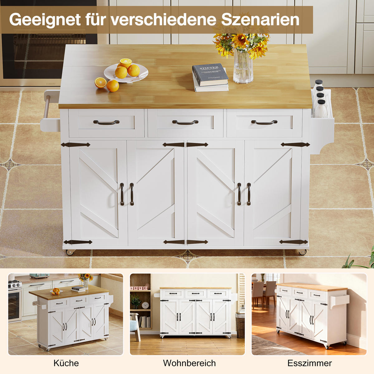 KÜCHENINSEL 140/43(70)/90,5 cm Weiß mit Klappplatte, 3 Schubladen, 4 Türen und Rollen - Weiß, Holz/Holzwerkstoff (140/90.5/70cm) - Oxeza