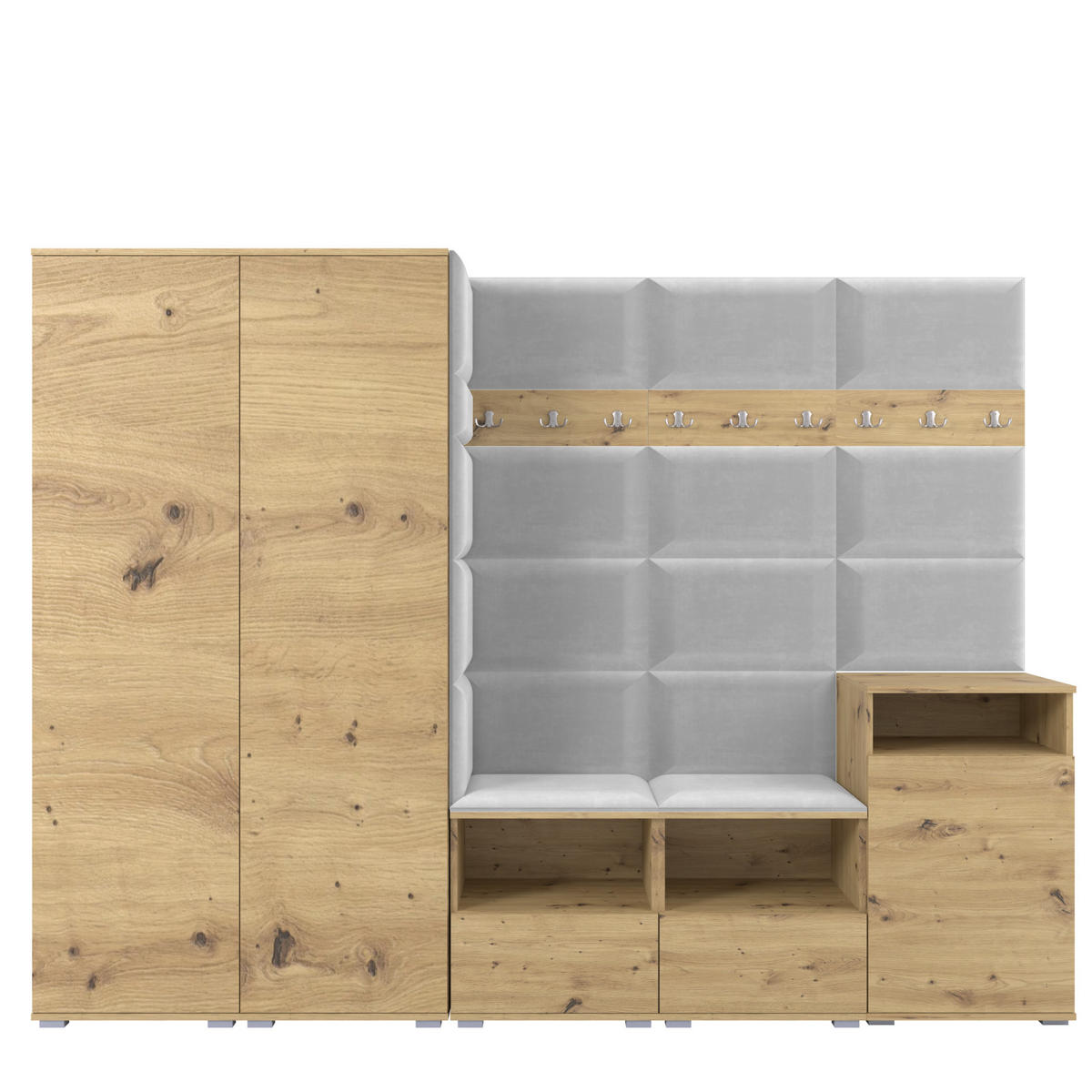 GARDEROBE NELA VIII 250 cm (Modulare Flurmöbel Artisan Eiche mit Sitzpolster Hellgrau 32 2 Schränke + Sideboard) - Silberfarben/Hellgrau, Holz/Holzwerkstoff (250/187/40cm) - Ravio