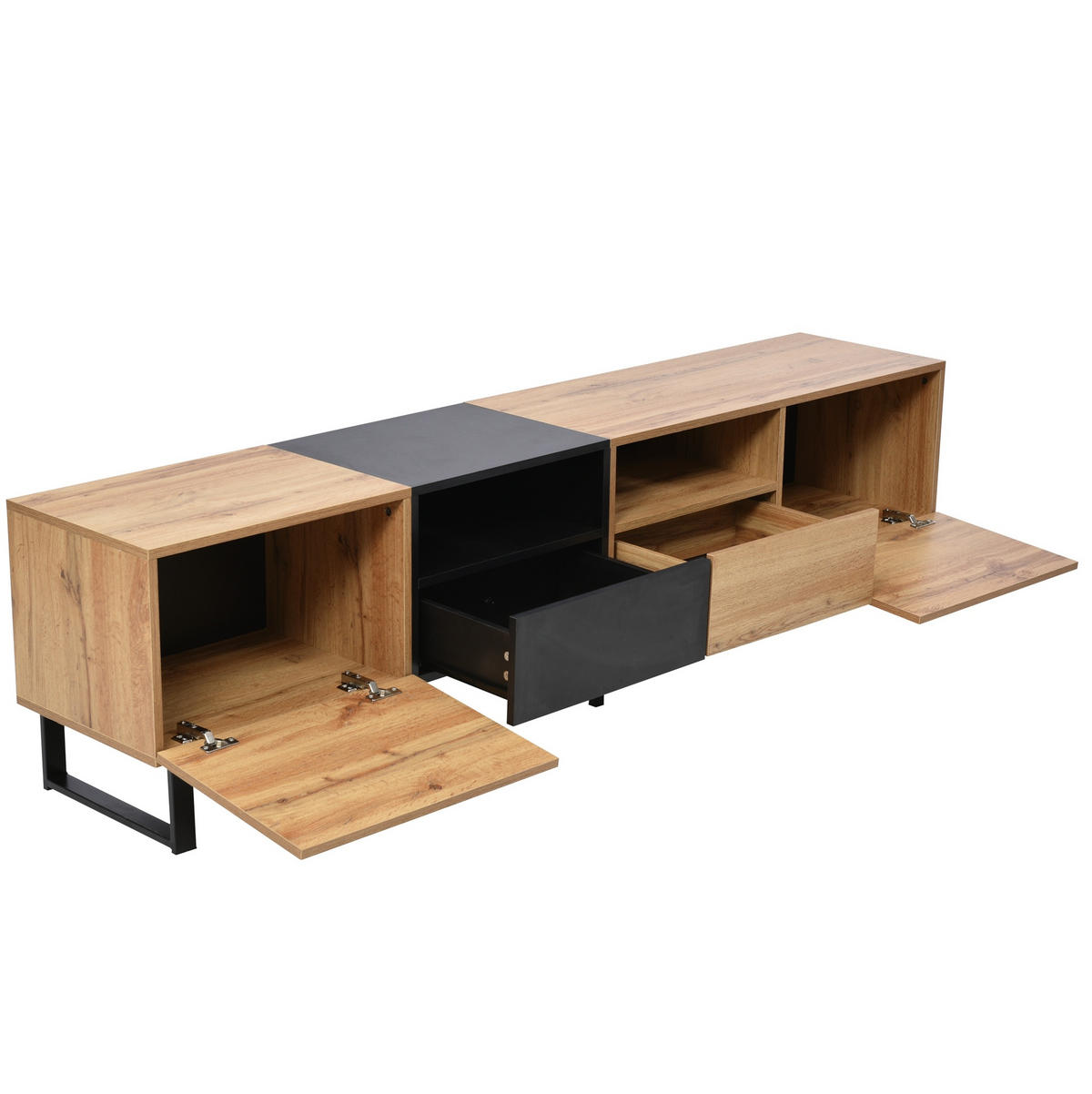 TV-LOWBOARD aus MDF 190x38x48 cm Schwarz/Naturholz mit 2 Türen, 2 Schubladen und viel Stauraum - Naturfarben, Holzwerkstoff (190/48/38cm) - Modfu