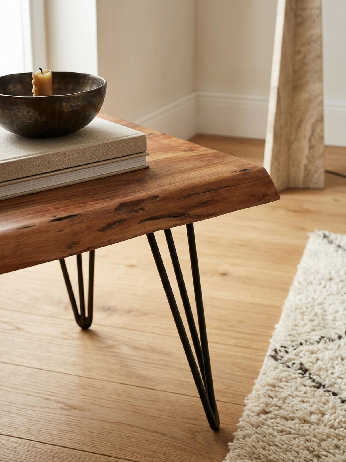 COUCHTISCH Massivholz Sheesham mit Baumkante und Haarnadelbeinen, Stil Natürlichkeit - Schwarz/Braun, Holz/Metall (51/56/38cm) - KADIMA DESIGN