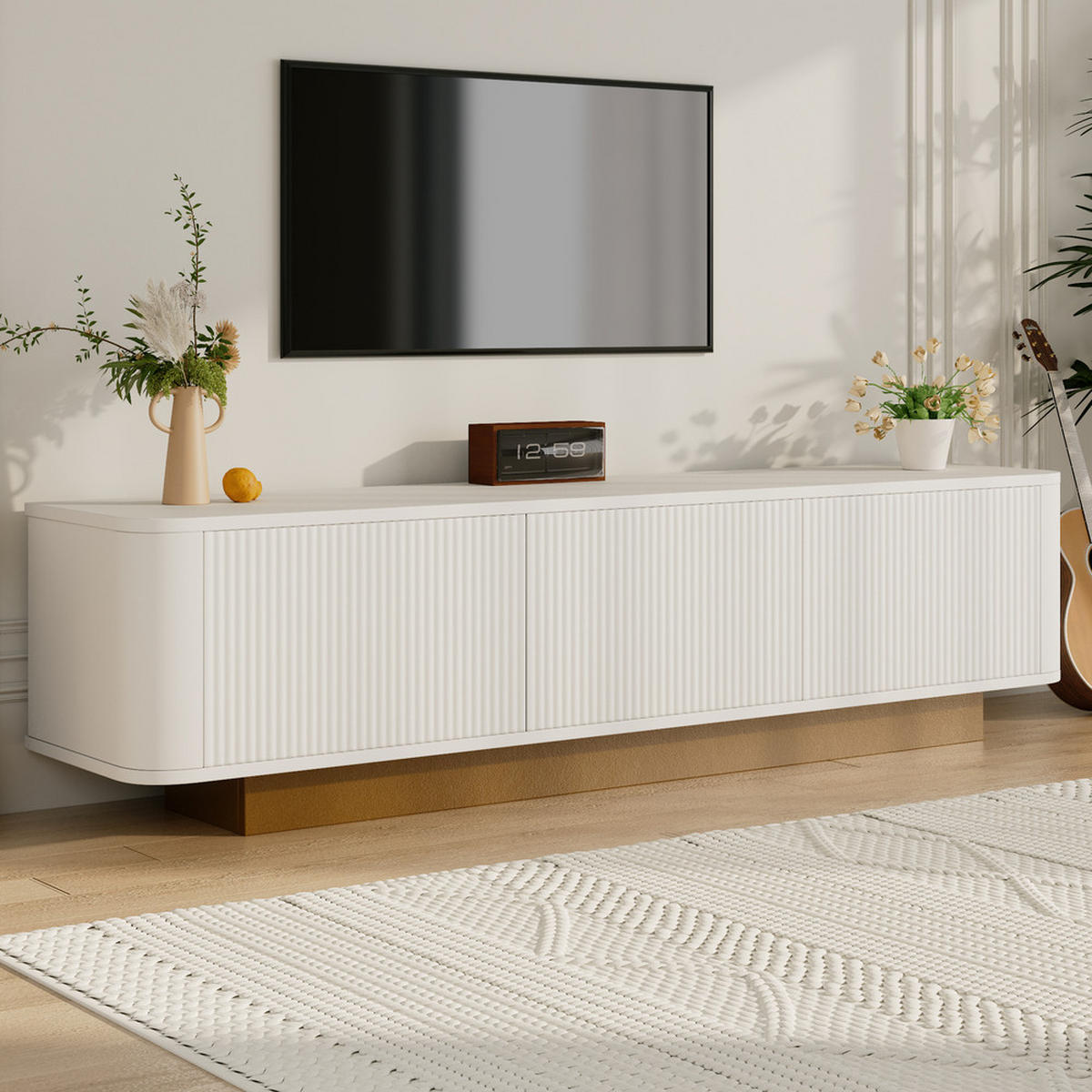 TV-SCHRANK Modern Lowboard Stauraum abgerundetes Design Weiß MDF - Weiß, Holz (43.69/16.76/80.01cm) - FLIEKS