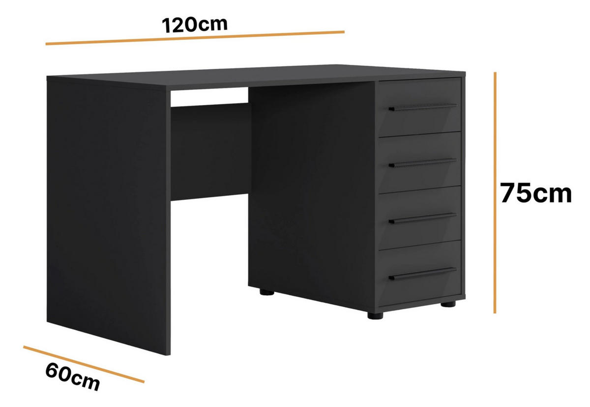 SCHREIBTISCH Modena 120x60 in Schwarz mit Schubladen - Schwarz, Holzwerkstoff/Kunststoff (60/120/75cm) - Ravio