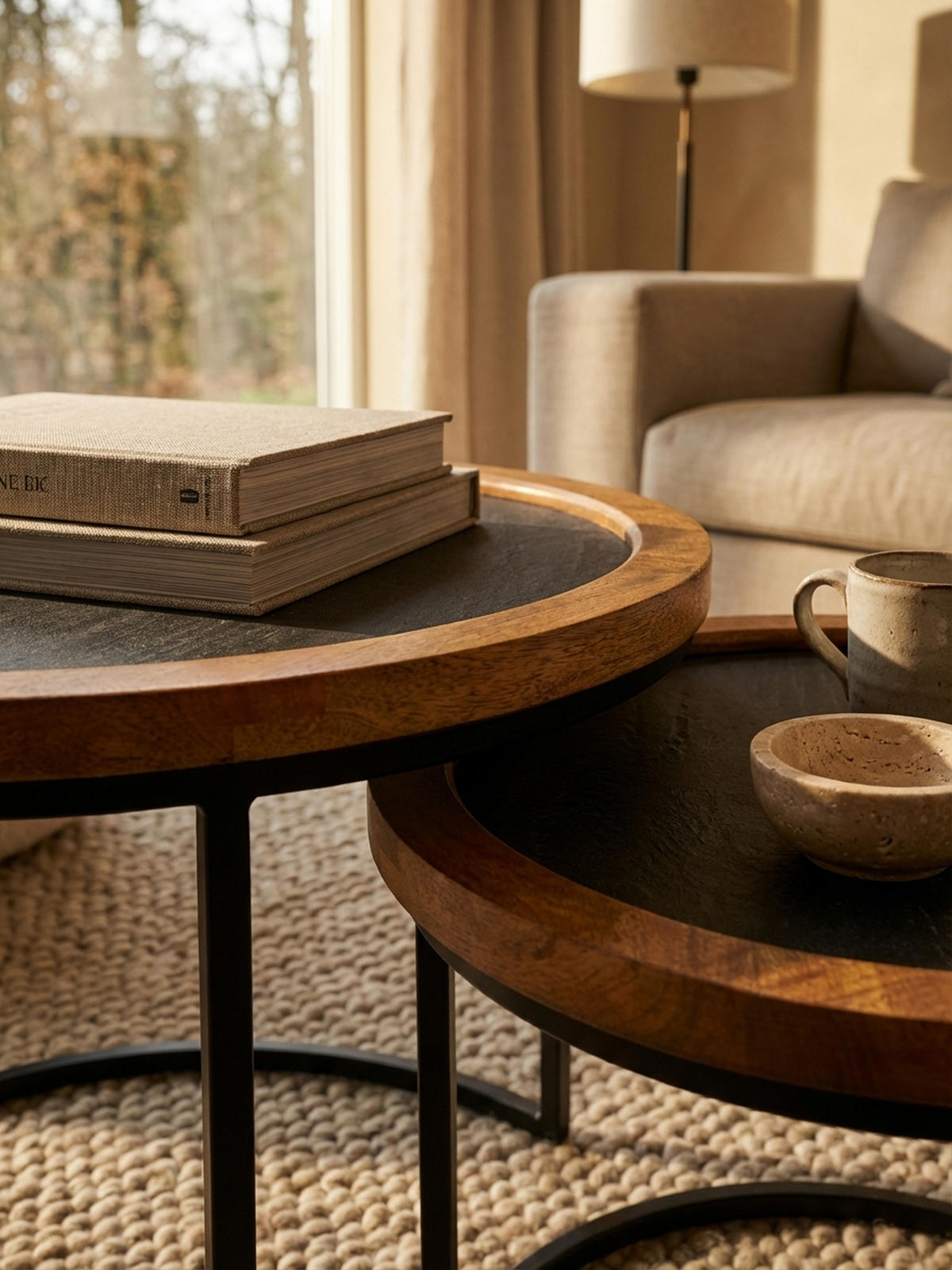 COUCHTISCH Set – 2-teilig Rund Mango Massivholz Steinoptik Metall Braun Anthrazit - Schwarz/Braun, Holz/Metall (60/60/46cm) - KADIMA DESIGN