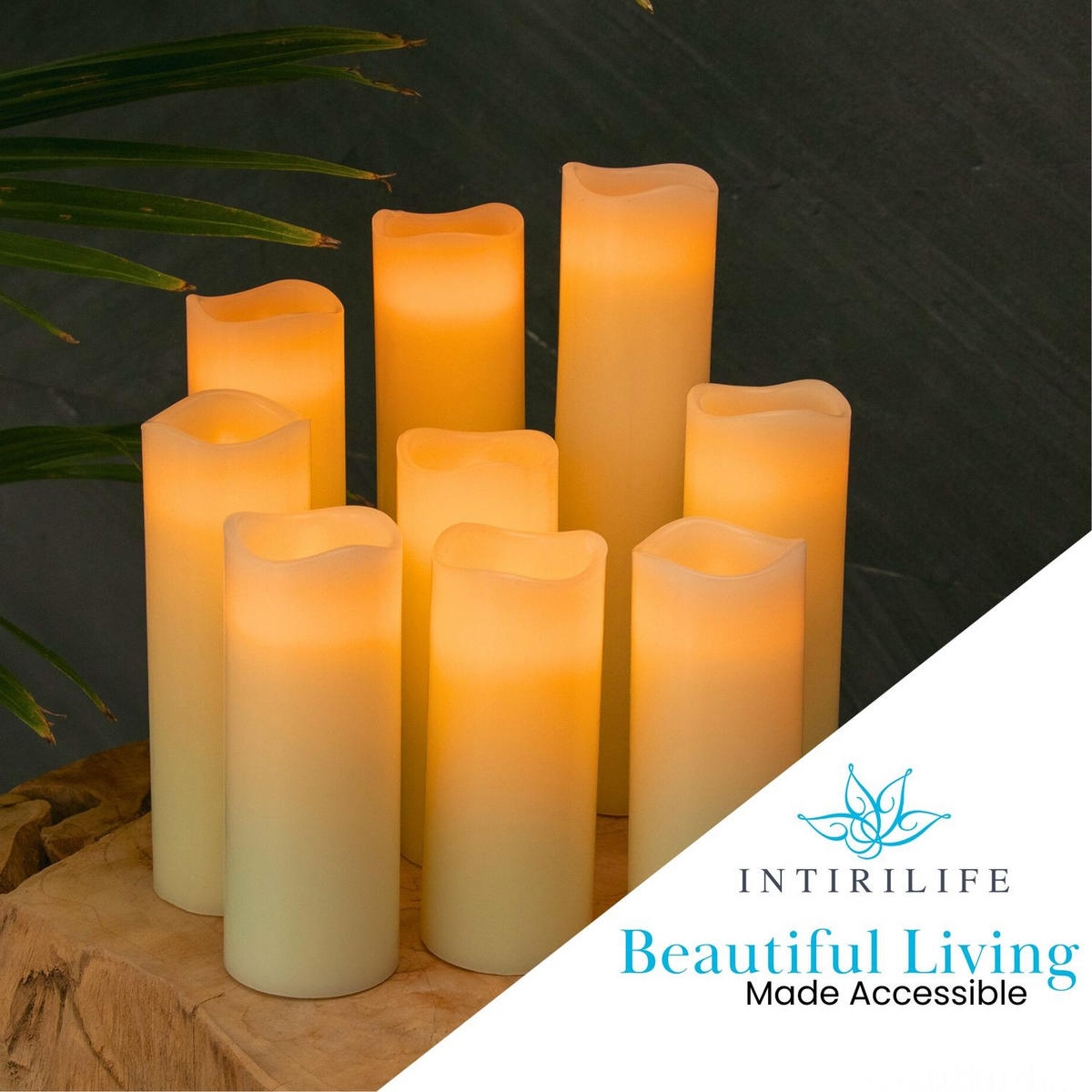LED KERZEN Set inkl. Fernbedienung (9er-Set) - Weiß, Naturmaterialien (5.5/5.5/20cm) - Intirilife
