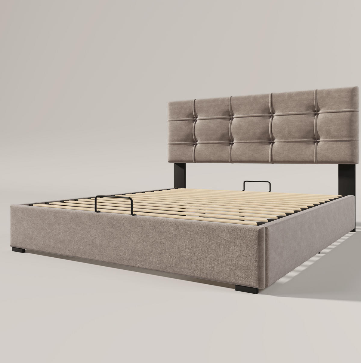 SAMT-POLSTERBETT 140/200 cm mit Bettkasten und verstellbarem Kopfteil - Hellgrau, Textil (140/200cm) - BEAOK