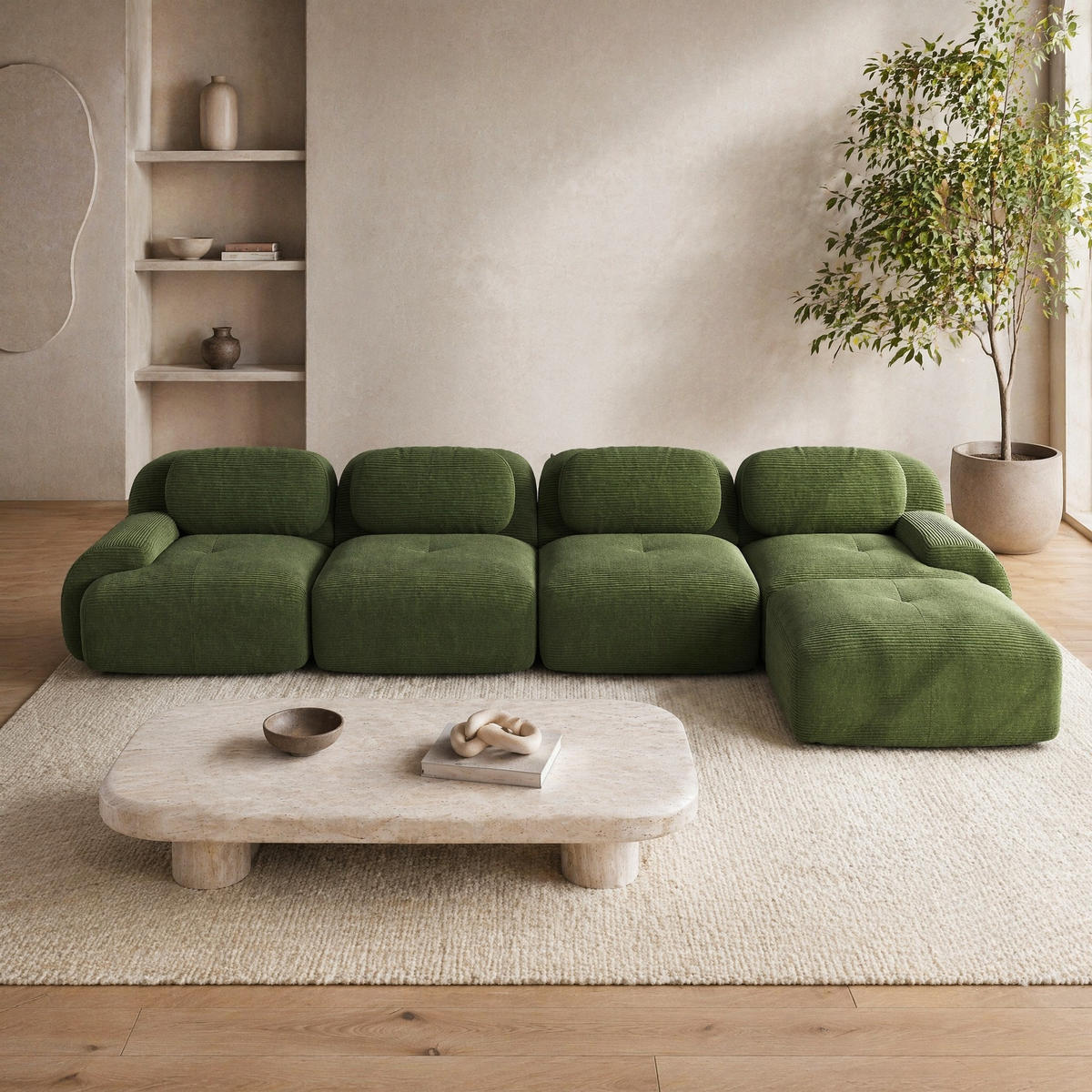 ECKSOFA in Grün mit Chaiselongue und Cordbezug - Grün, Textil (178/388cm) - Flora Grace