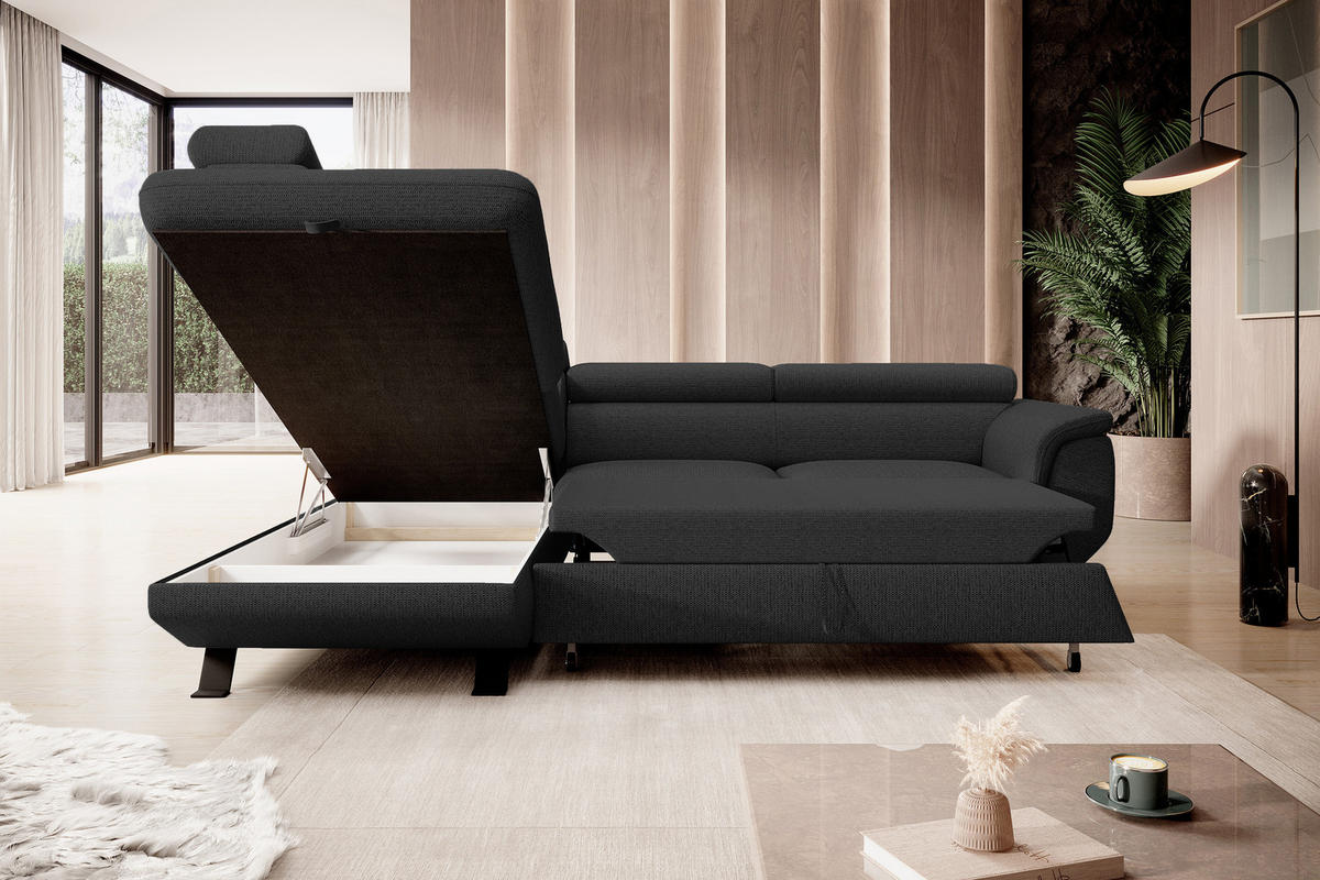 ECKSOFA RAVEN L mit Schlaffunktion und Bettkasten, Freistehend, Polstersofa mit Verstellbaren Kopfstützen, 257x198x96 cm, Linke, Schwarz - Schwarz, Holz/Textil (198/256cm) - DomoHome