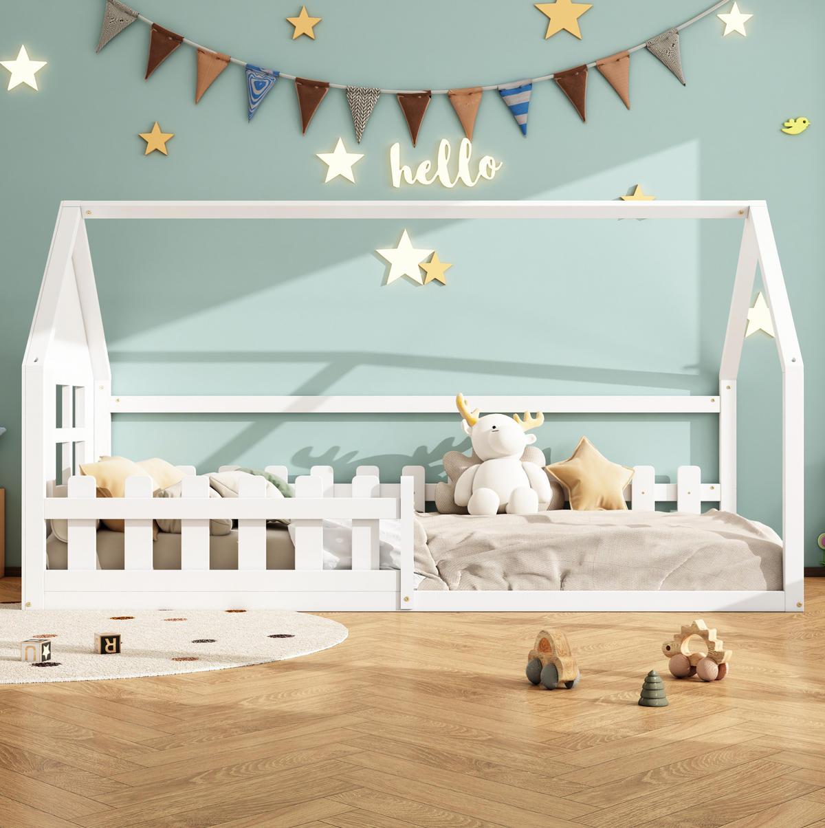 HAUSBETT aus Kiefer und MDF 90x200 cm Weiß in Hausform mit Lattenrost und kreativem Design - Weiß, Holzwerkstoff (90/200cm) - Modfu