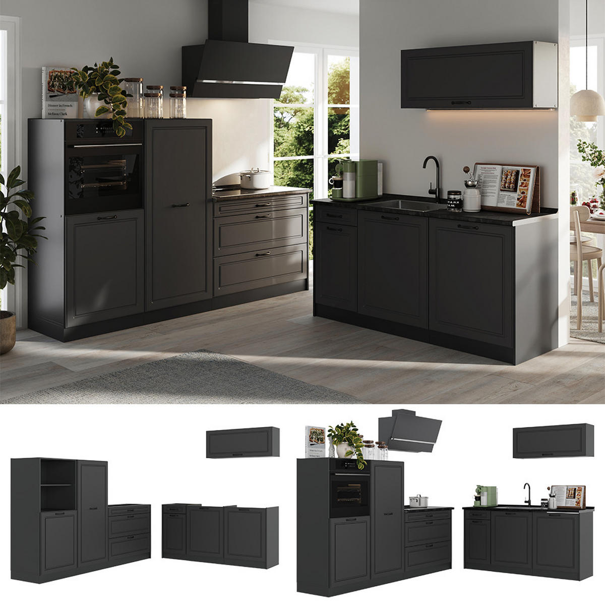 KUCHYNKA R-Line, Antracitový vidiecky dom/antracitová, 220 cm Marmori työtaso - antracitová, kompozitné drevo (220/143/60cm) - Vicco