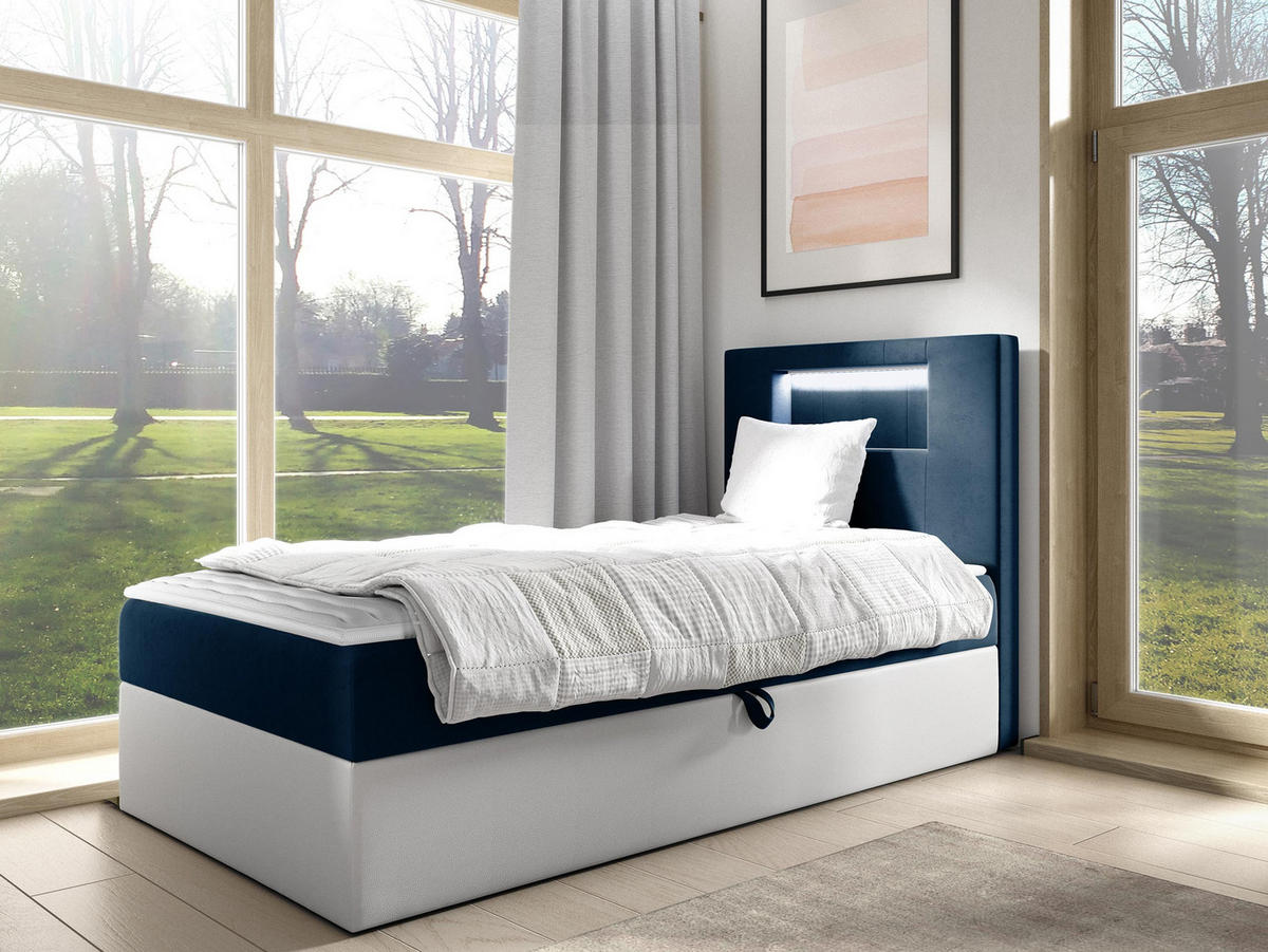 BOXBETT Gold Junior 1, Seite zum Öffnen des Bettkastens: Rechts - Blau/Weiß, Holz (90/200cm) - MIRJAN24