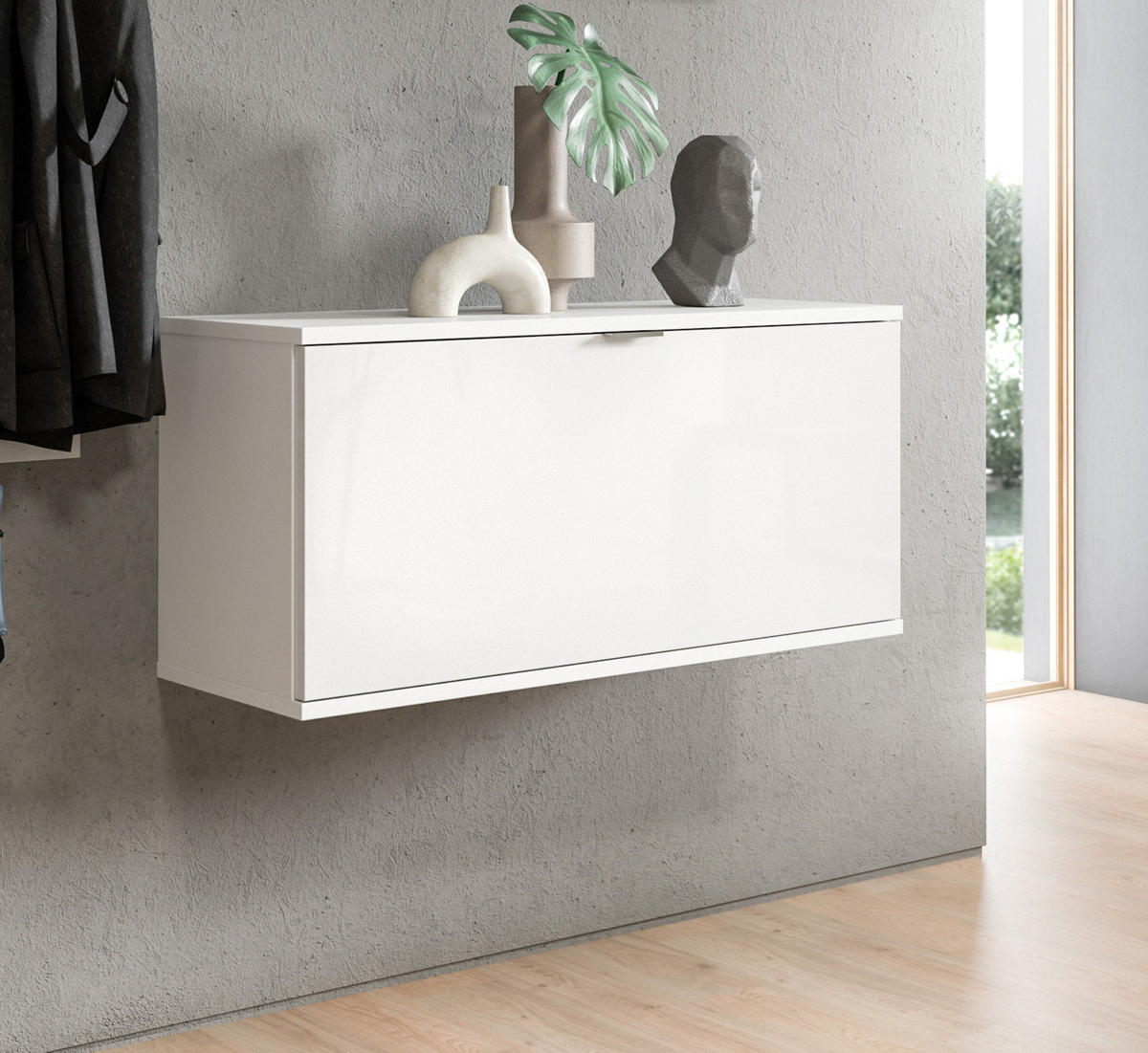 SCHUHSCHRANK weiß Hochglanz 91 cm, Kommode hängend, Flur- und Dielenmöbel - Chromfarben/Weiß Hochglanz, Holzwerkstoff/Kunststoff (91/43/34cm) - Inn.Furn