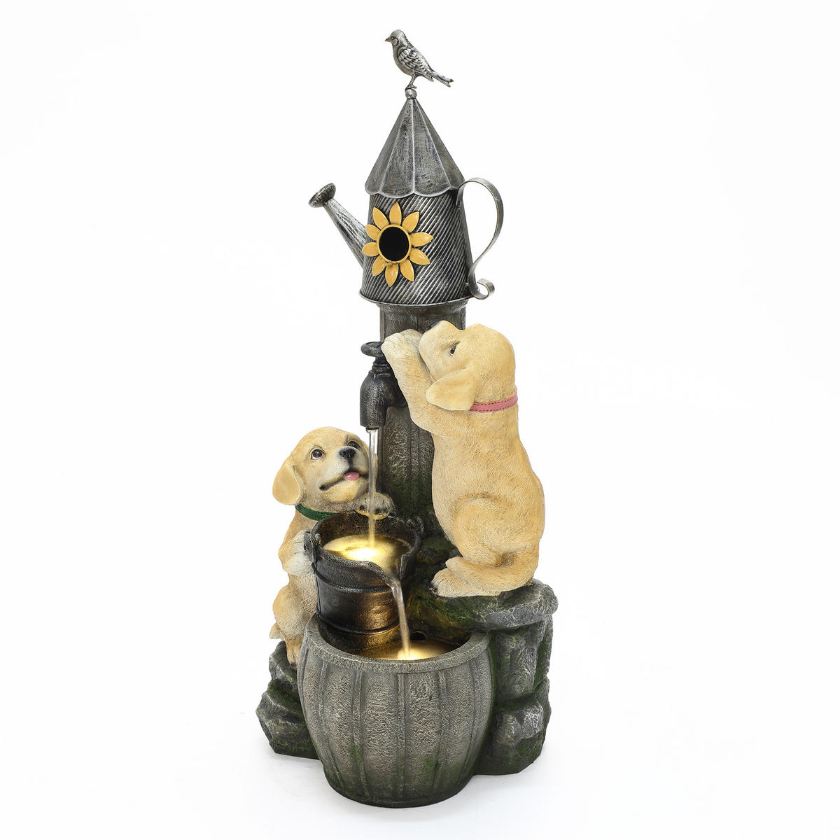 POLYRESIN-GARTENBRUNNEN,2 Hündchen+Vogelhaus,90x38x34cm,Garten/Balkon/Terrasse - Grau, Kunststoff (34/38/90cm)