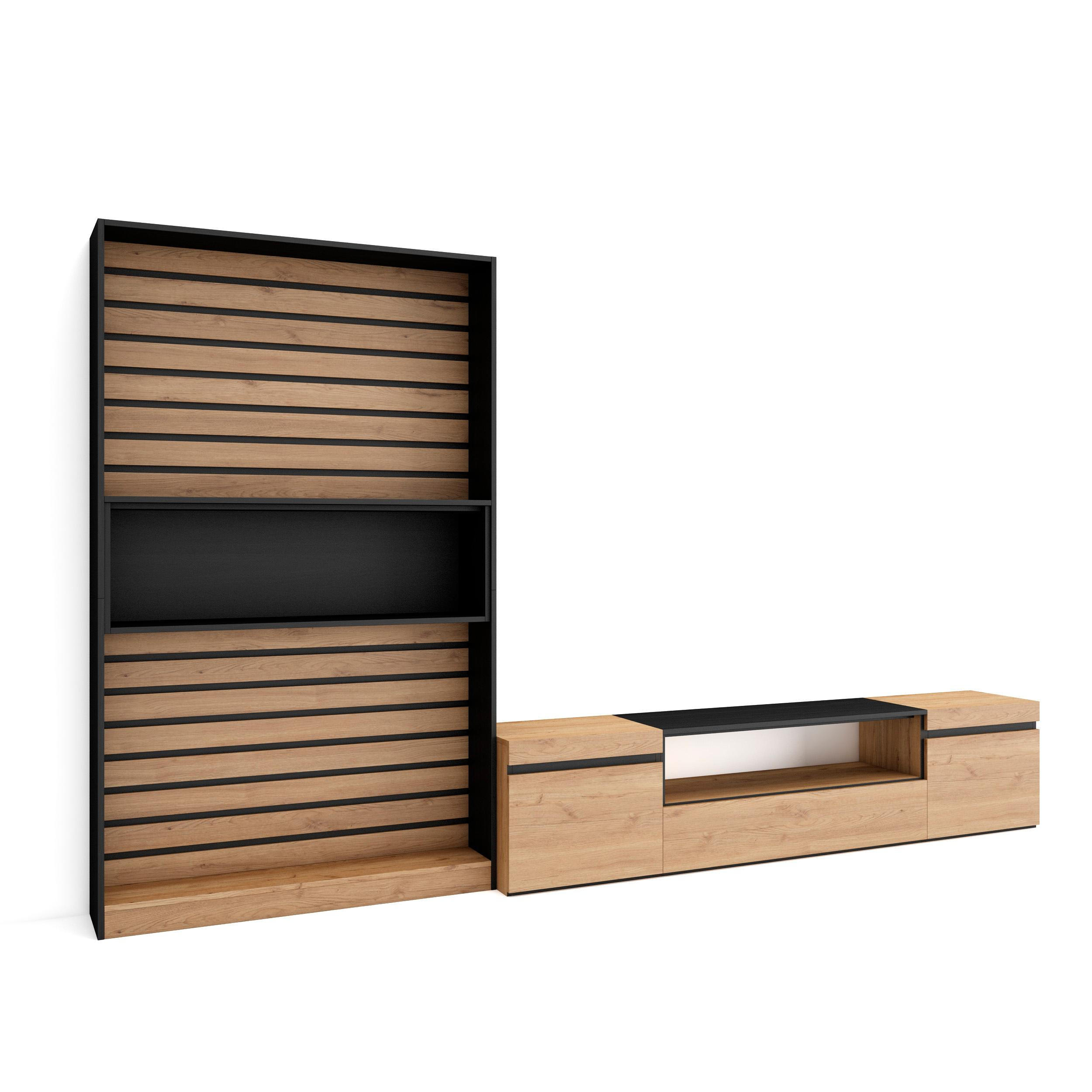 Skraut Home Wohnwand Eiche, Schwarz 310x186x35 cm