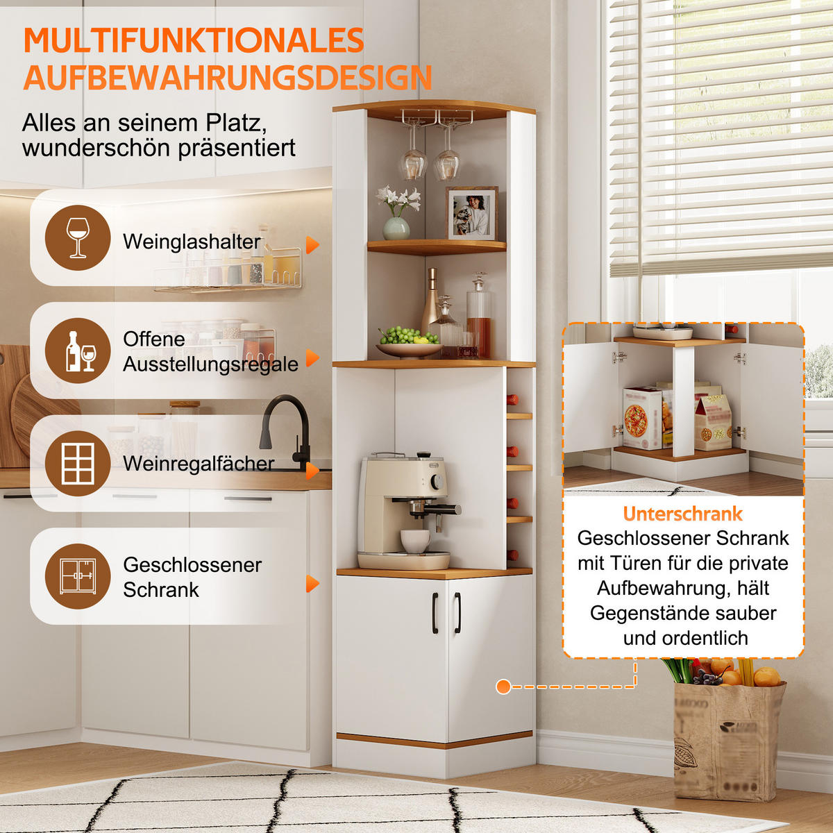 HIGHBOARD DE-38705 40/40/182 cm Weinglasregal und 4 Weinfächer Weiß - Weiß, Holzwerkstoff (40/182/40cm) - ComfortXL