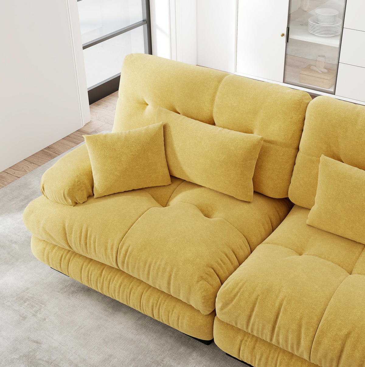ECKSOFA aus Chenille in Gelb mit Ottomane & Kissen - Gelb, Textil (145/81/220cm) - Modfu