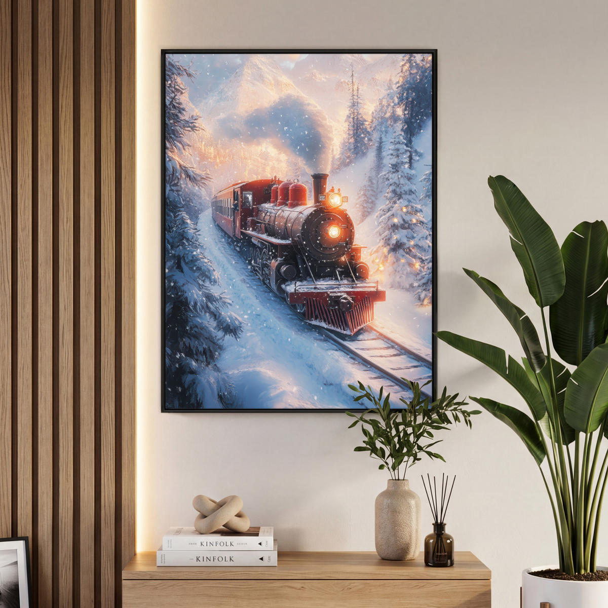LEINWAND Bilder mit Rahmen - Weihnachtszug - Schnee - Winter - Weihnachten - 70x100 - Dunkelrot, Textil (70/100cm) - MuchoWow