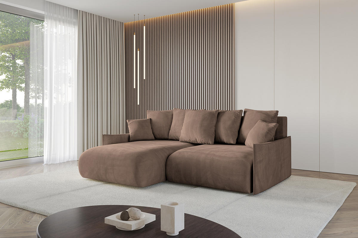 ECKSOFA mit Schlaffunktion und Bettkasten ONESK-L -v1 208x165x40 Braun Velours - Braun, Holzwerkstoff/Kunststoff (208/165cm) - ALTDECOR