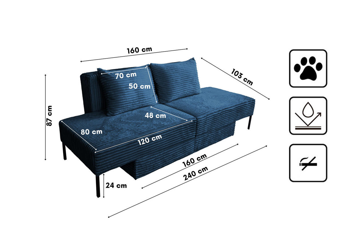 SOFA Mit Schlaffunktion MOOKA 4in1-Multifunktions-System Stoff Velo Dunkelblau - Dunkelblau, Holz/Textil (240/87/103cm) - Kaiser Möbel