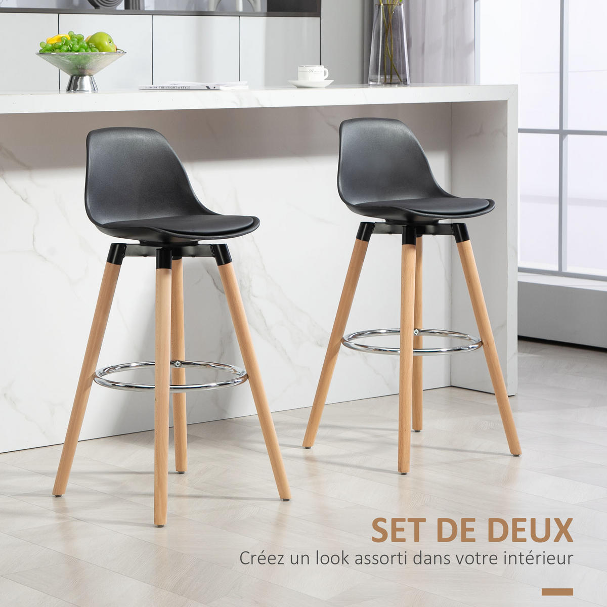 BARHOCKER 2er-Set DE-14790 gepolstert mit Buchenholzgestell Schwarz - Schwarz, Holzwerkstoff (43/91/43cm) - ComfortXL