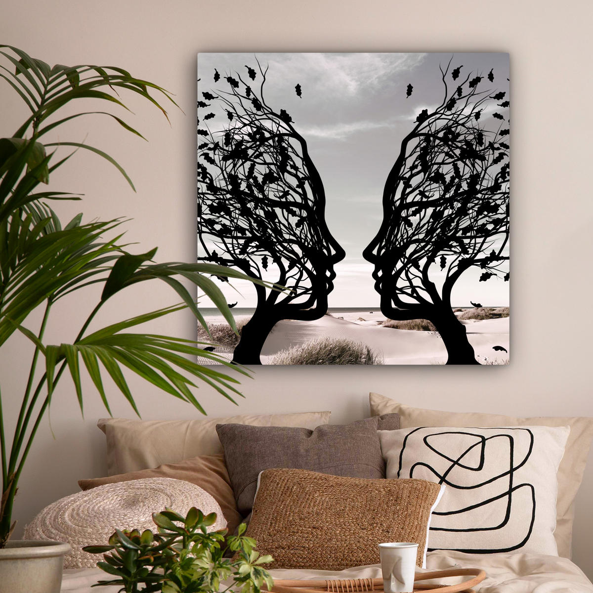 LEINWANDBILD Strand - Meer - Menschen - Baum - Moderne Kunst 90x90 cm - Hellgrau, Textil (90/90cm) - MuchoWow
