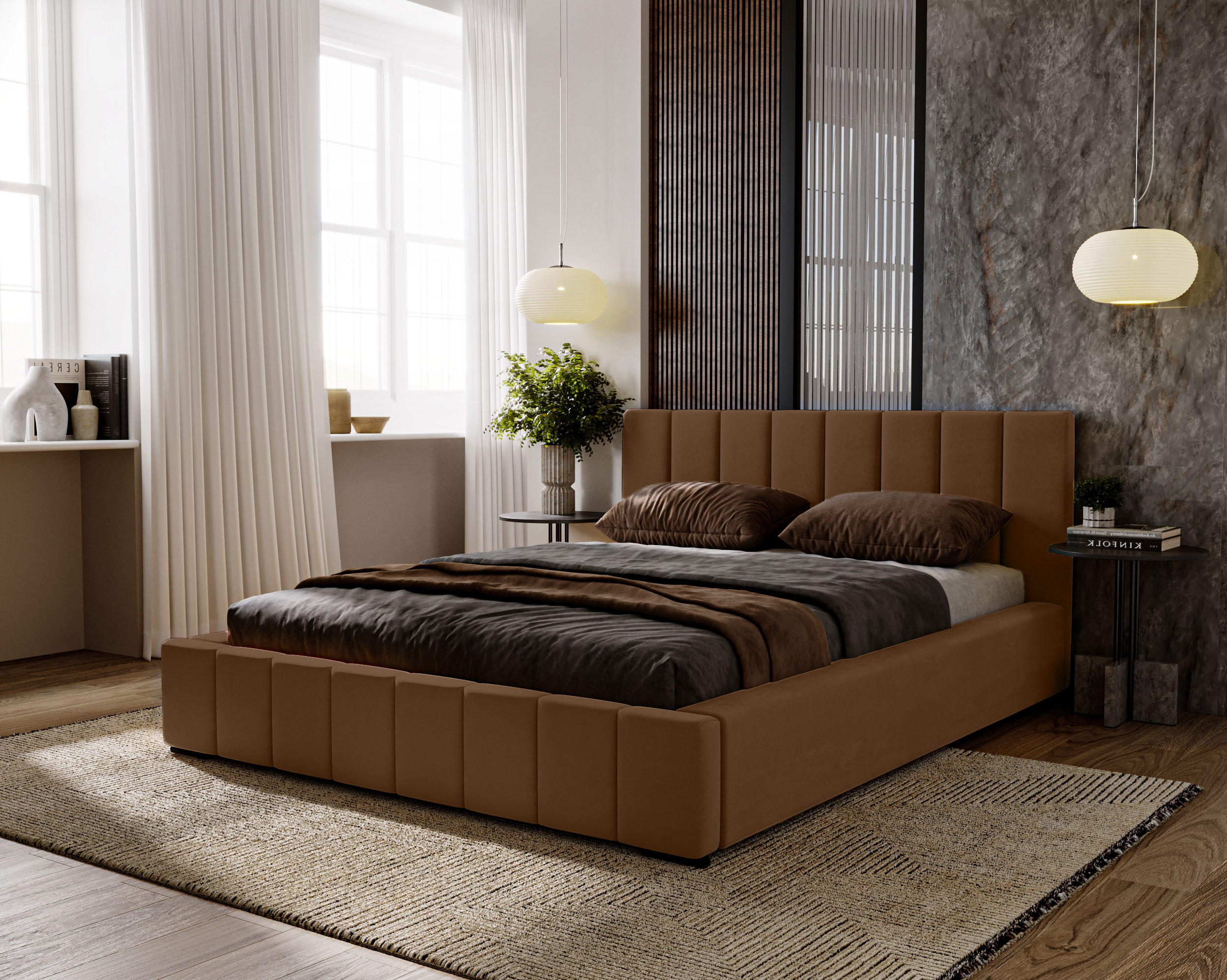 POLSTERBETT Nero 200x200 cm, Doppelbett mit Bettkasten und Lattenrost aus Holz, Velourstoff: Dunkelbraun - Dunkelbraun, Holz/Kunststoff (200/200cm) - Marpur