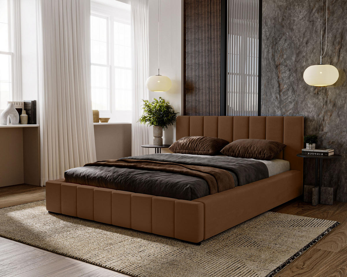 POLSTERBETT Nero 160x200 cm, Doppelbett mit Bettkasten und Lattenrost aus Holz, Velourstoff: Dunkelbraun - Dunkelbraun, Holz/Kunststoff (160/200cm) - Marpur