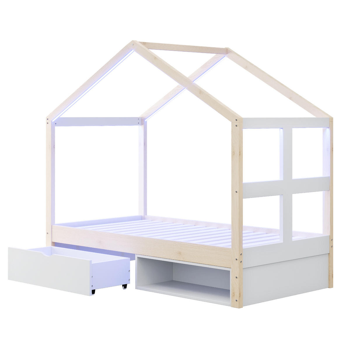 HAUSBETT 90/180 cm Weiß/Holzfarben aus Holz mit LED und Stauraum - Eichefarben, Holzwerkstoff (90/190cm) - OKWISH