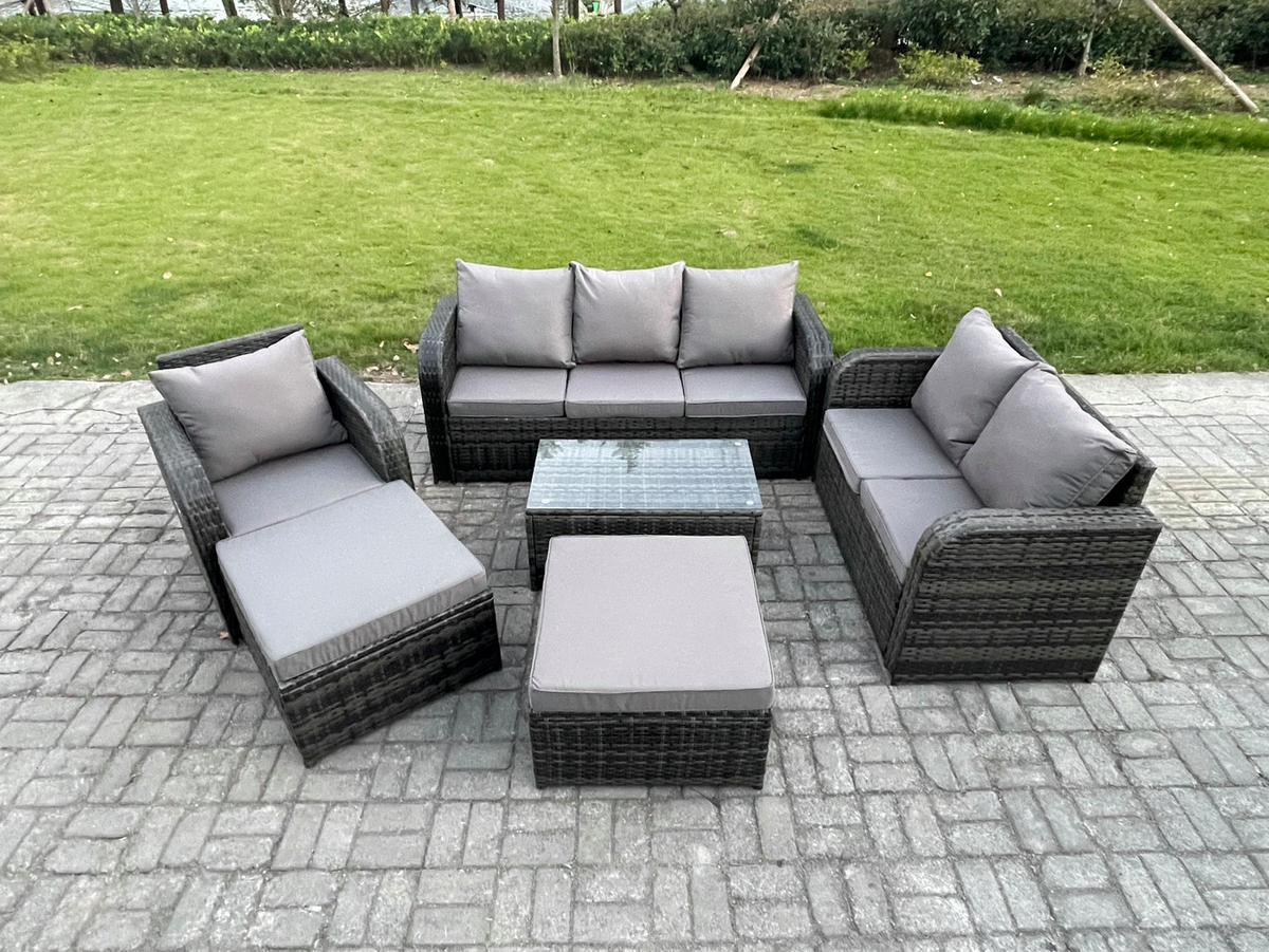 GARTENMÖBELGARNITUR mit KISSEN Polyrattan Dunkelgrau 9-Sitzer - Dunkelgrau/Grau, Glas/Kunststoff - Fimous