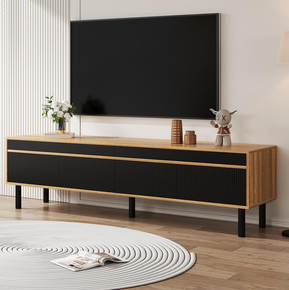 TV-SCHRANK 170/38/47 cm schwarz Spanplatte mit 4 Türen mit Streifendesign - Schwarz, Holzwerkstoff (170/47/38cm) - OKWISH