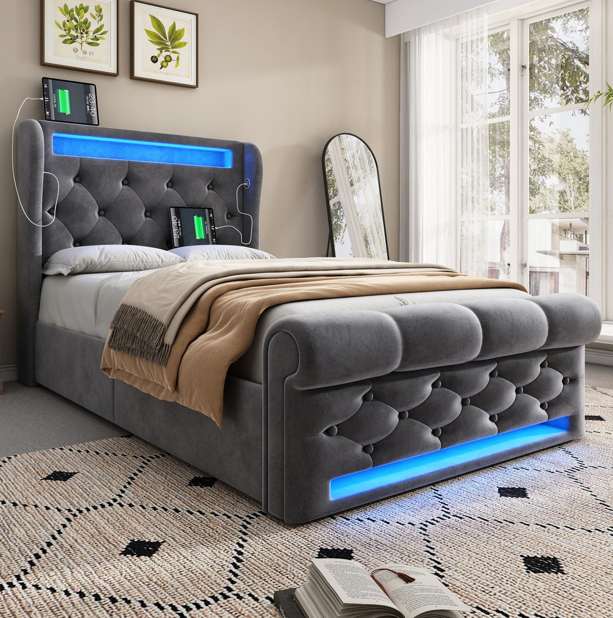 POLSTERBETT mit LED, Stauraum und USB 90x200 cm Samt Grau - Grau, Metall (90/200cm) - Meubliv
