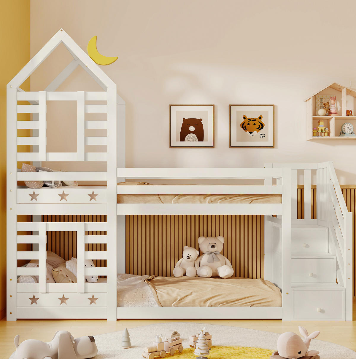HAUSBETT 90/200 cm in Weiß mit Treppe, Schubladen und Hausrahmen - Weiß, Holzwerkstoff (90/200cm) - BEAOK