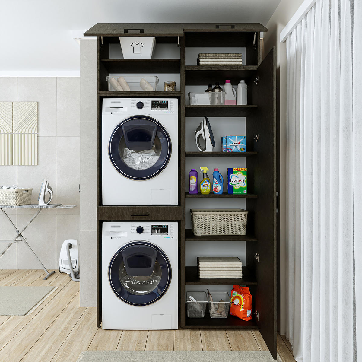 WASCHMASCHINENSCHRANK DUO-I 127cm Breit, 240cm Hoch - Schwarz, Holzwerkstoff (127/240/67cm)
