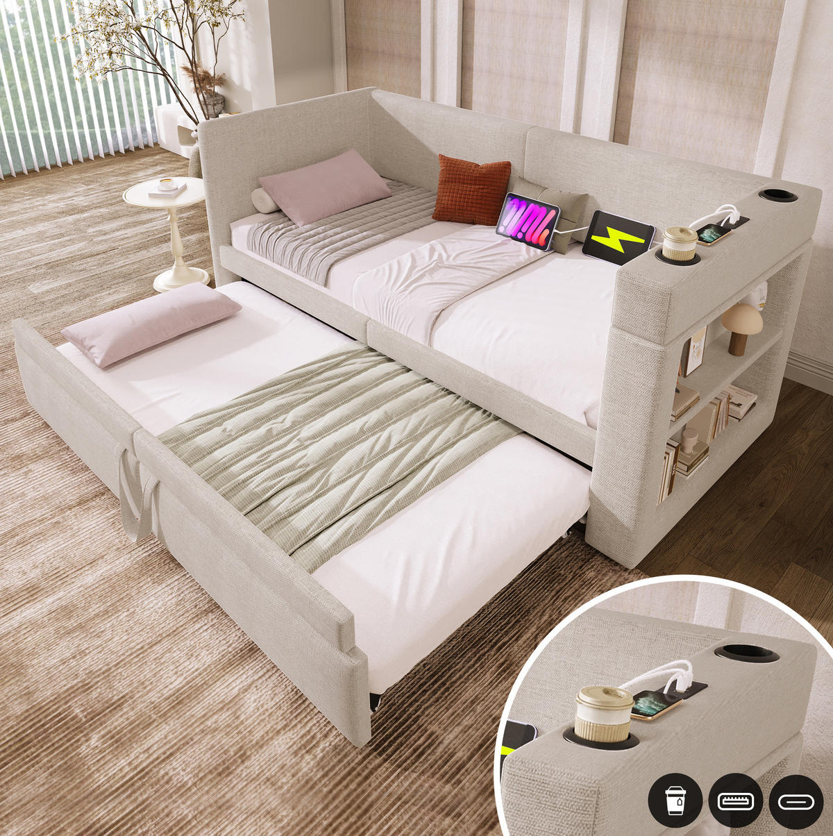 POLSTERBETT 90/200 cm mit Ausziehbett, USB-C und Getränkehaltern, Beige - Beige, Textil (90/200cm) - BEAOK