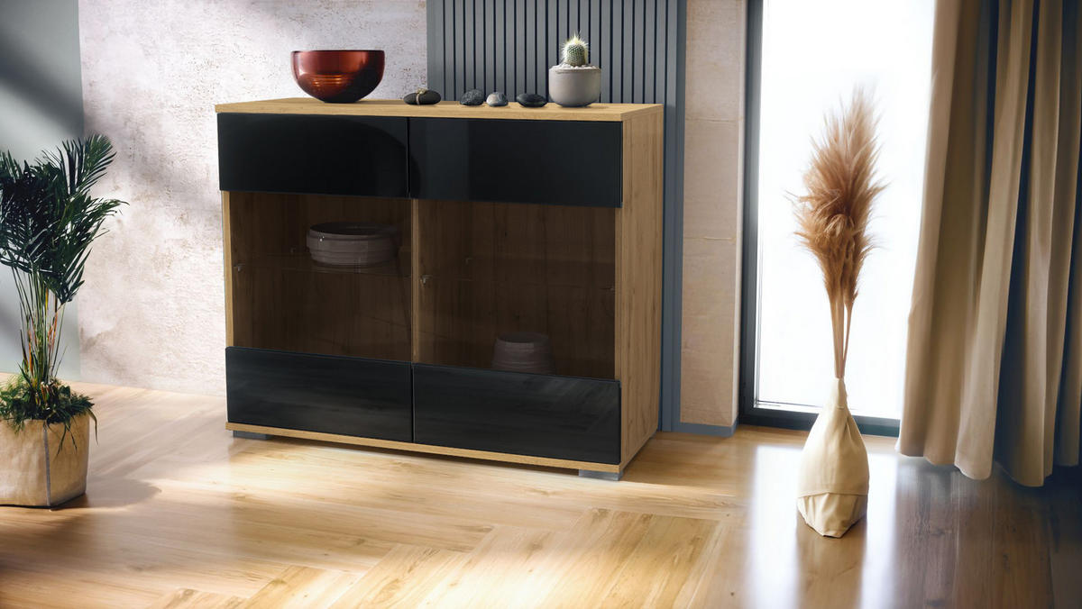 KOMMODE Bari Schwarz Hochglanz - Schwarz Hochglanz, Holzwerkstoff (92.5/75.5/35cm) - Vladon