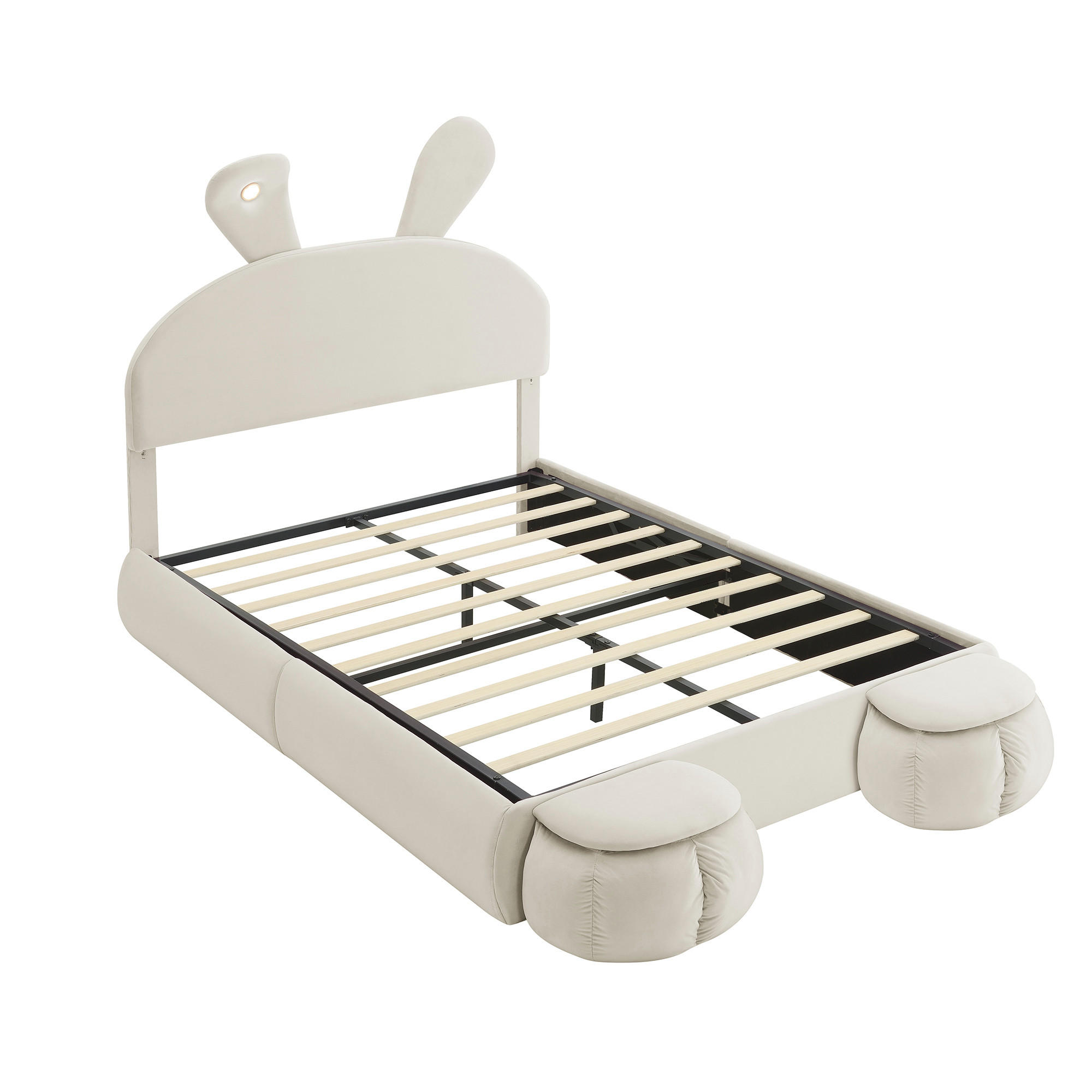 KINDERBETT aus Samt 140x200 cm in Beige mit LED-Licht & Stauraum - Beige, Textil (140/200cm) - Modfu