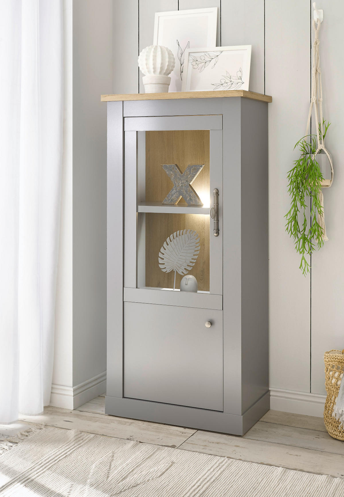VITRINE grau, Artisan Eiche Landhaus 68 cm, Vitrinenschrank 2-türig - Silberfarben/Hellgrau, Glas/Holzwerkstoff (68/142/37cm) - Furn.Design