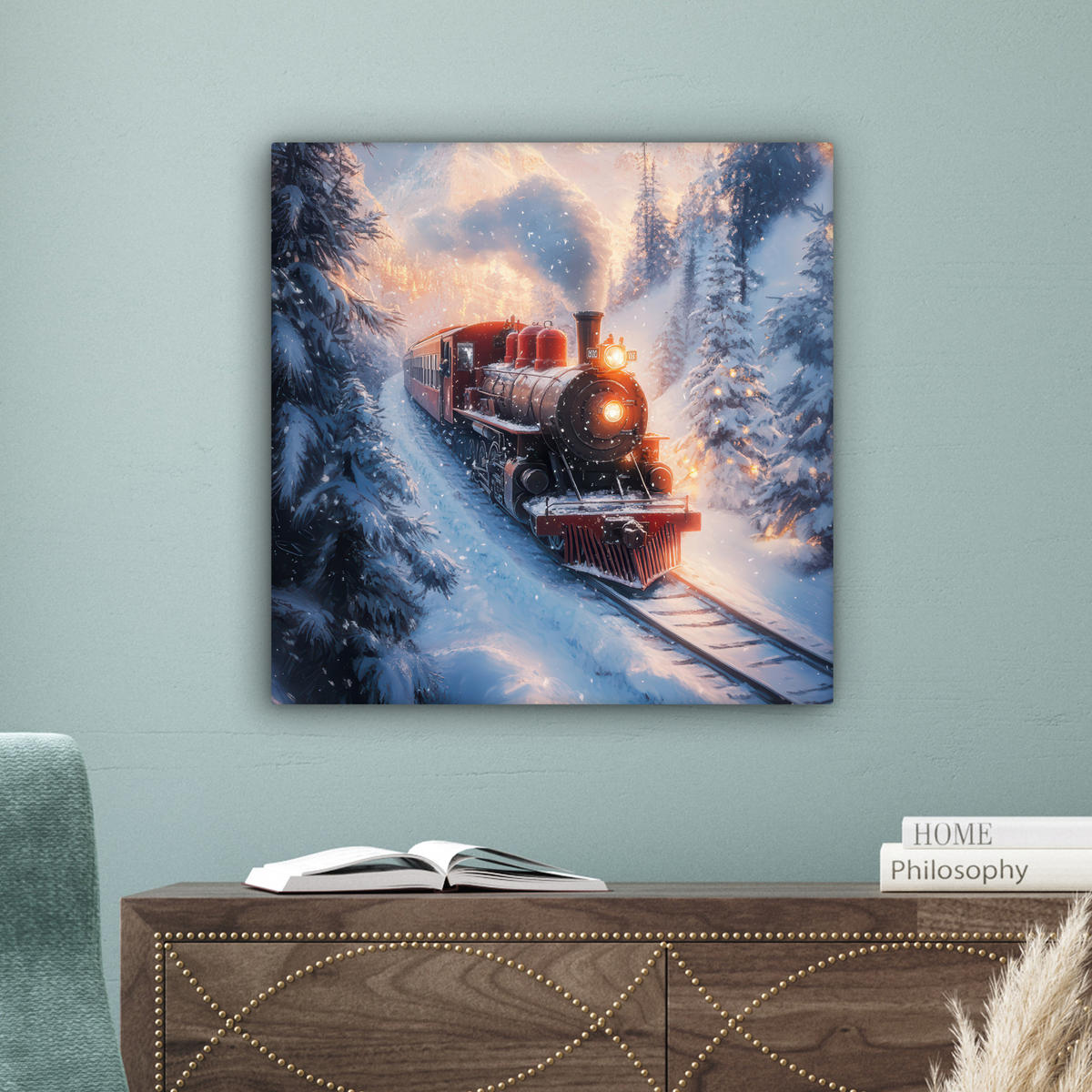 LEINWANDBILD Weihnachtszug - Schnee - Winter - Weihnachten Wandbild Wohnzimmer 50x50 cm - Dunkelrot, Textil (50/50cm) - MuchoWow