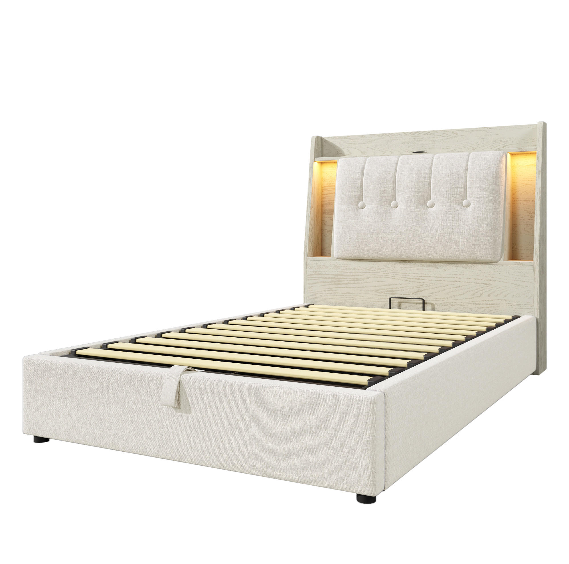 POLSTERBETT mit Stauraum, USB und LED 90x200 cm Leinen Beige - Beige, Metall (90/200cm) - Meubliv