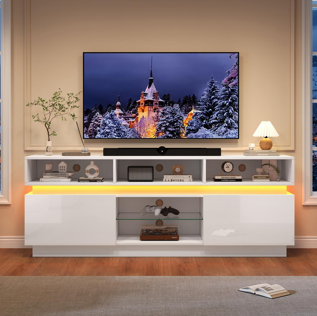 TV-LOWBOARD 160/35/60 cm weiß aus MDF mit Glasplatte und LED - Weiß, Holzwerkstoff (35/60/160cm) - OKWISH