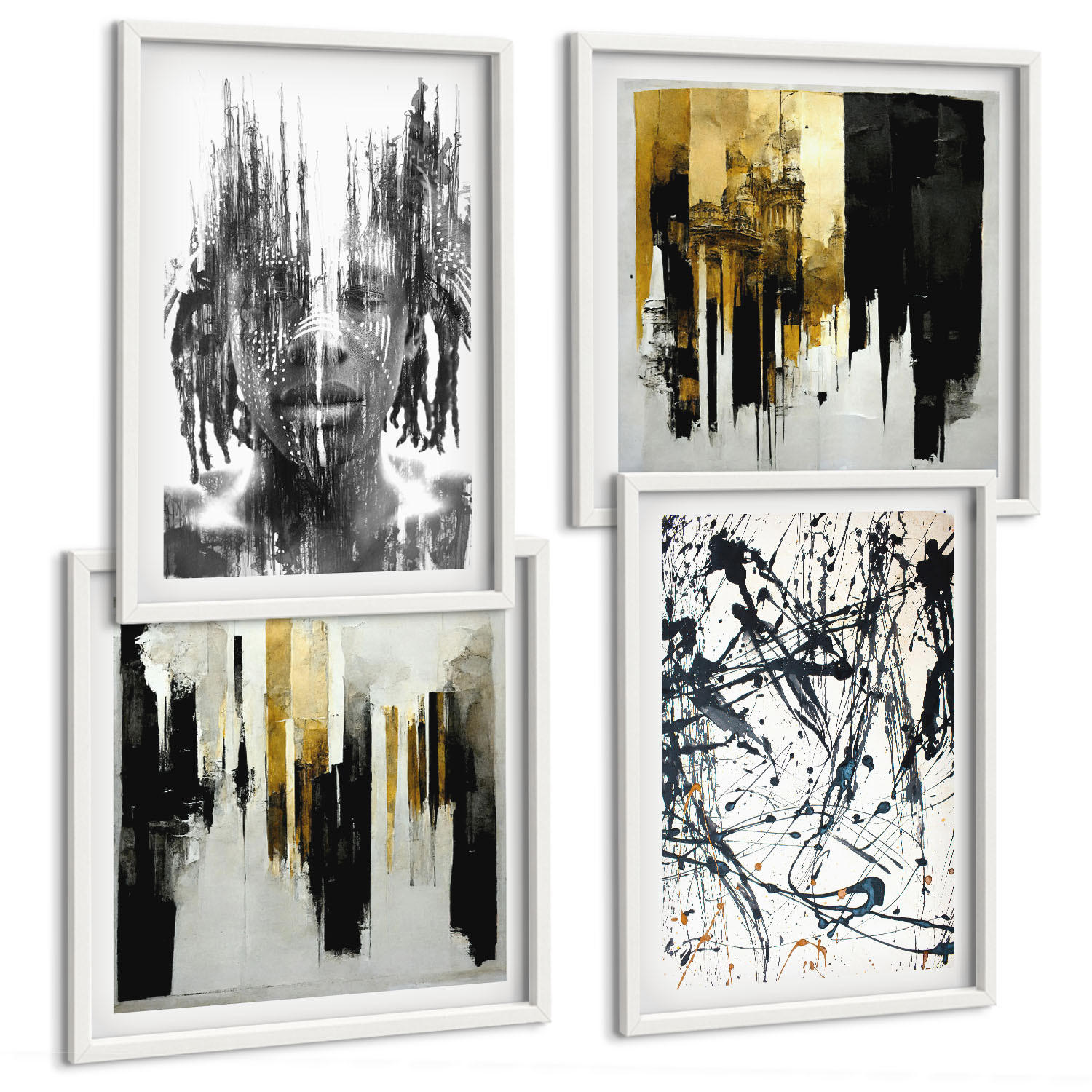 BILDER SET 4er Set - 50x50 cm & 40x60 cm Weißer Rahmen - Kontrastierende abstrakte Porträts - Weiß, Kunststoff (50/50cm) - TULUP