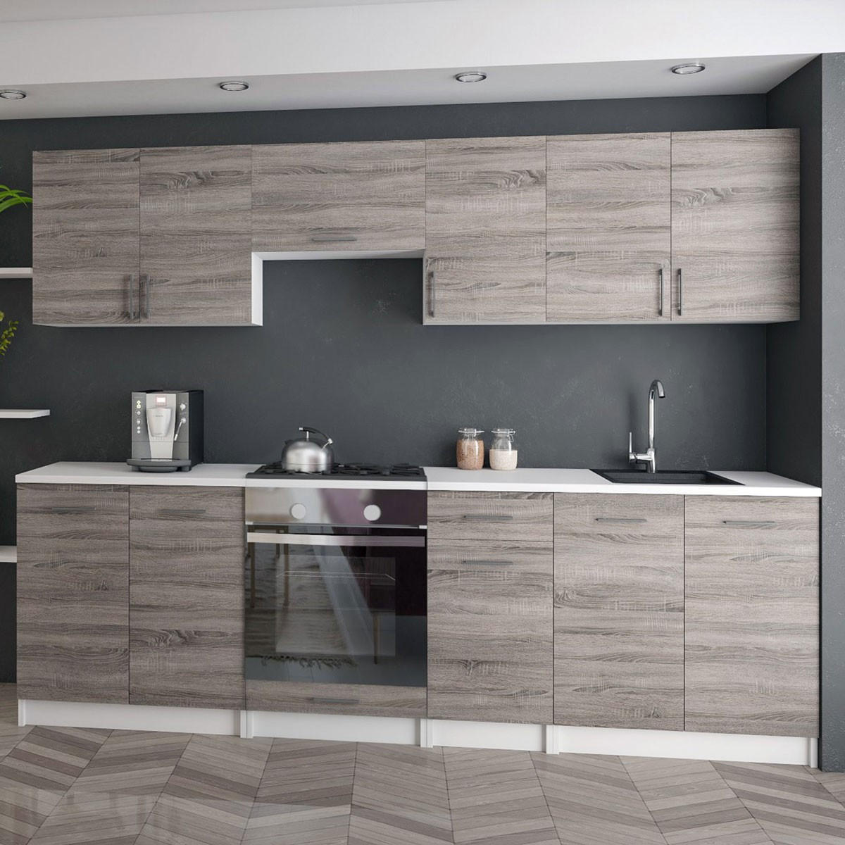 KÜCHENZEILE LECO 240 dunkel sonoma truffel - Dunkelbraun/Sonoma Eiche, Holzwerkstoff (240/82/46cm) - roe furniture