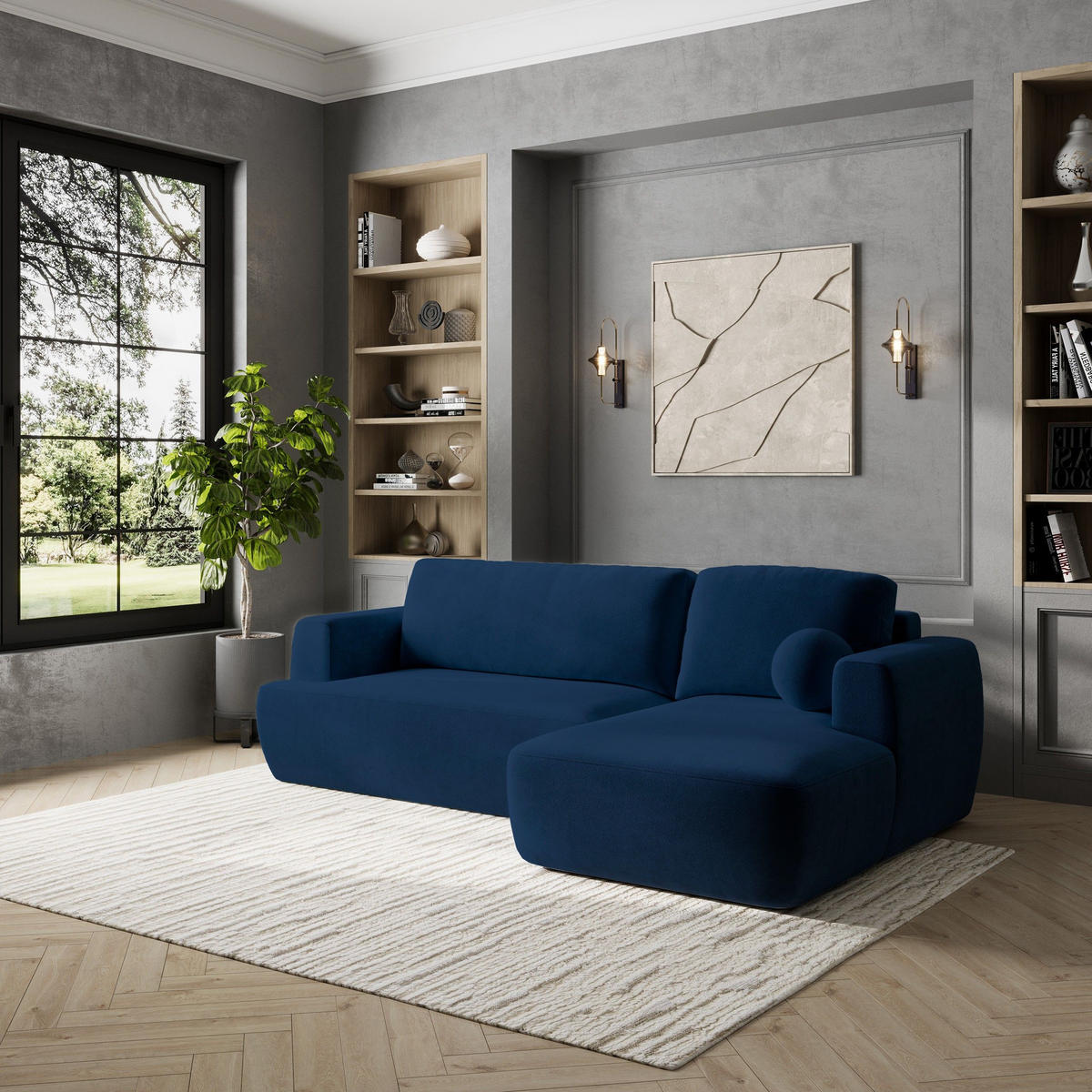 ECKSOFA SENTI K R-S Blau Plüsch-Stoff mit Schlaffunktion - Blau, Holz (246/148cm) - MASSENO