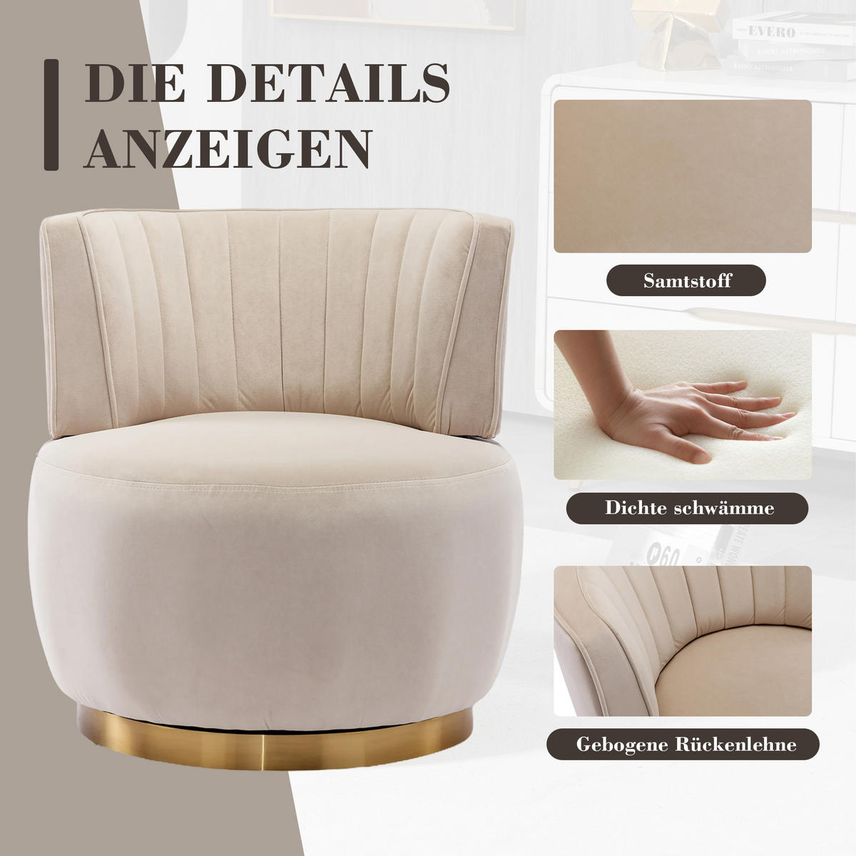 SESSEL Samt Beige drehbar - Beige, Holzwerkstoff/Textil (62.5/69.5/62cm) - WISHDOR