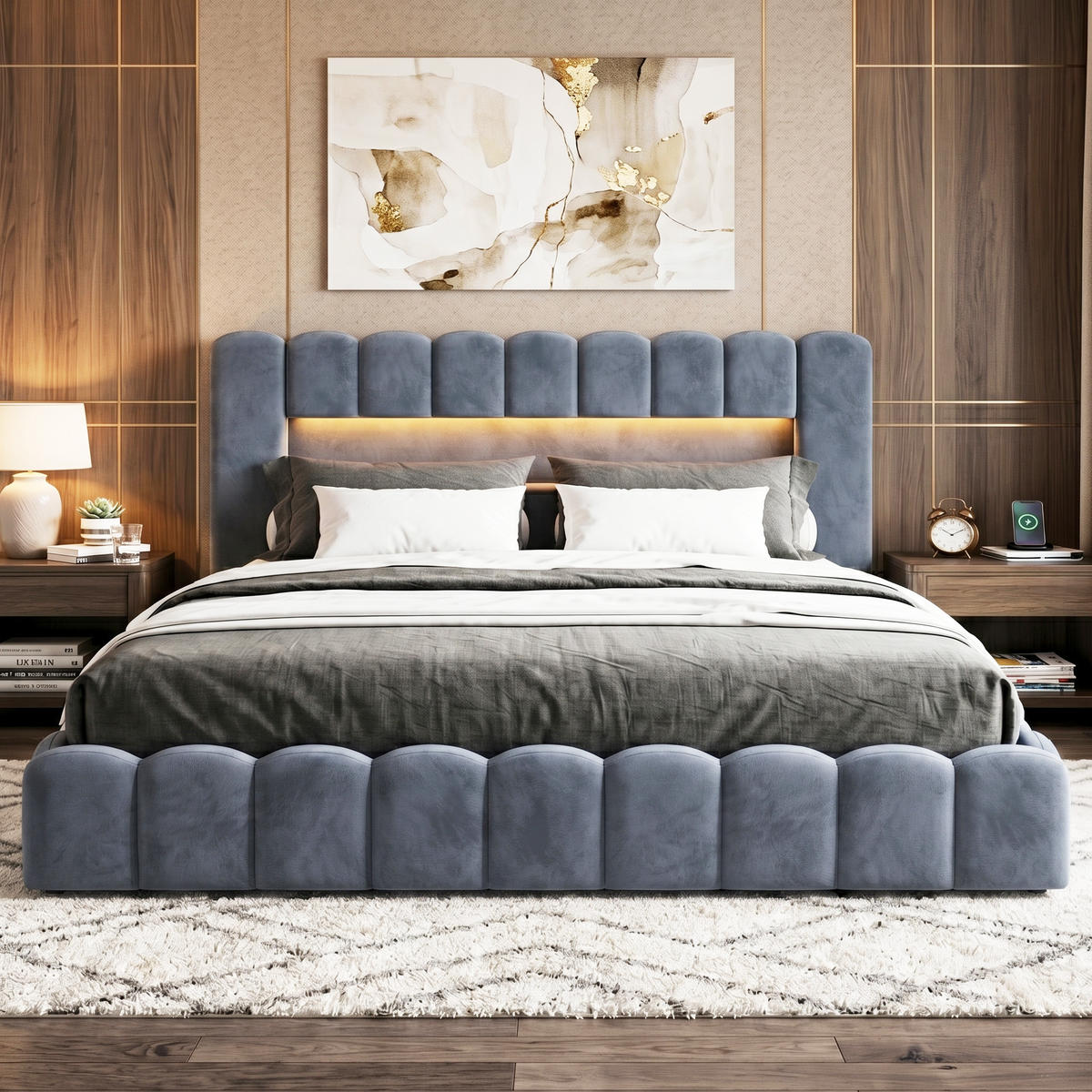 POLSTERBETT Bogen-Design 180/200 cm mit Gaslift-Bettkasten & USB Samtoptik Grau - Grau, Textil (180/200cm) - Creahappy