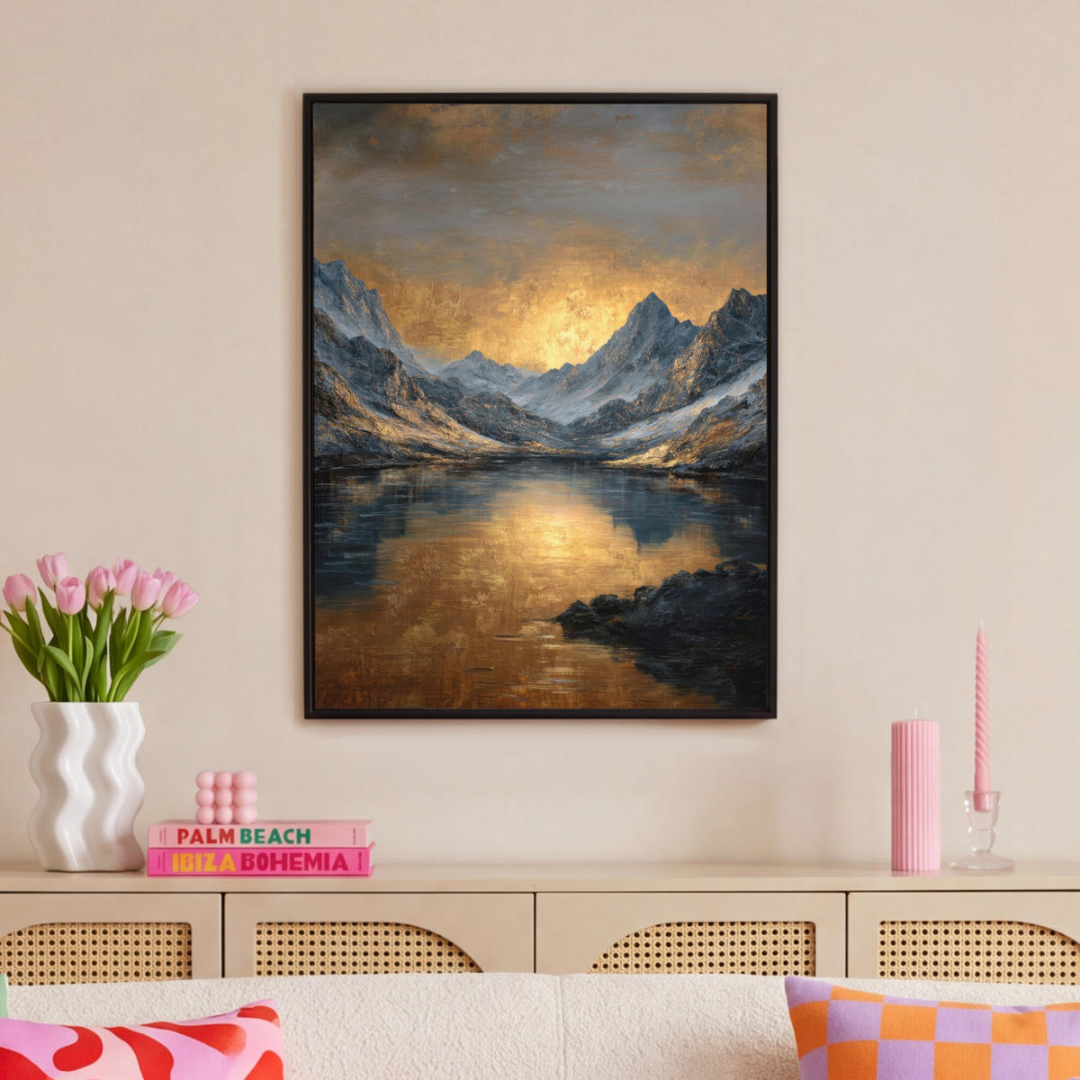 LEINWAND Bilder mit Rahmen - Bergkulisse mit goldenem Sonnenuntergang - 70x100 - Goldfarben, Textil (70/100cm) - MuchoWow