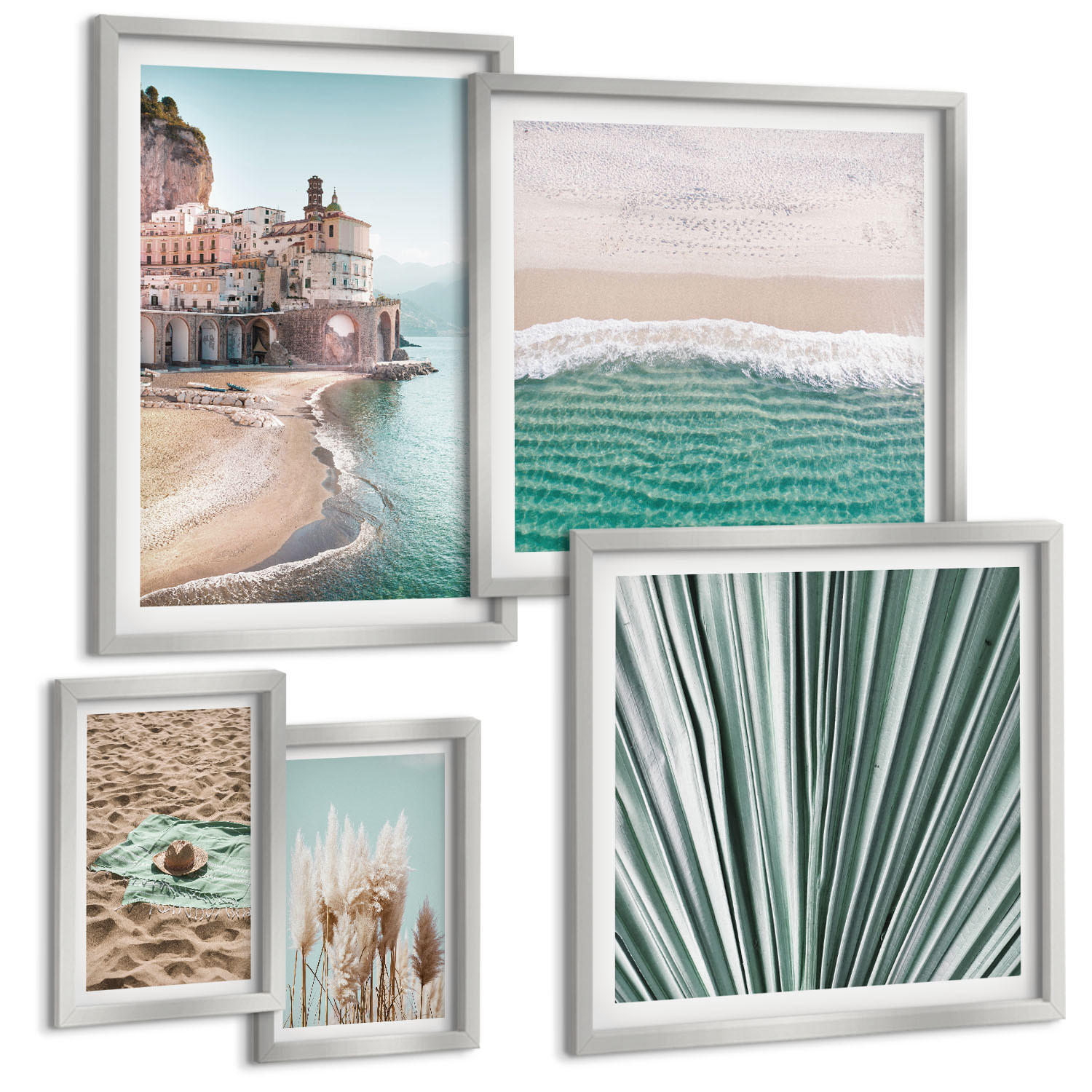 BILDER SET 5er Set - 50x50 cm & 20x30 cm & 40x60 cm Silberner Rahmen - Strandwellen Grashut - Silberfarben, Kunststoff (40/60cm) - TULUP